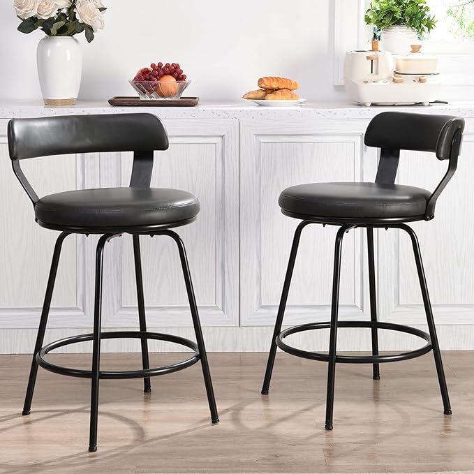 Industrial Metal Bar Stools with Low Back Upholstered Leather Counter Stools (Set of 2)