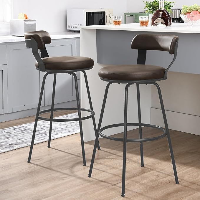 Industrial Metal Bar Stools with Low Back Upholstered Leather Counter Stools (Set of 2)