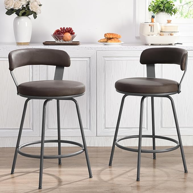 Industrial Metal Bar Stools with Low Back Upholstered Leather Counter Stools (Set of 2)