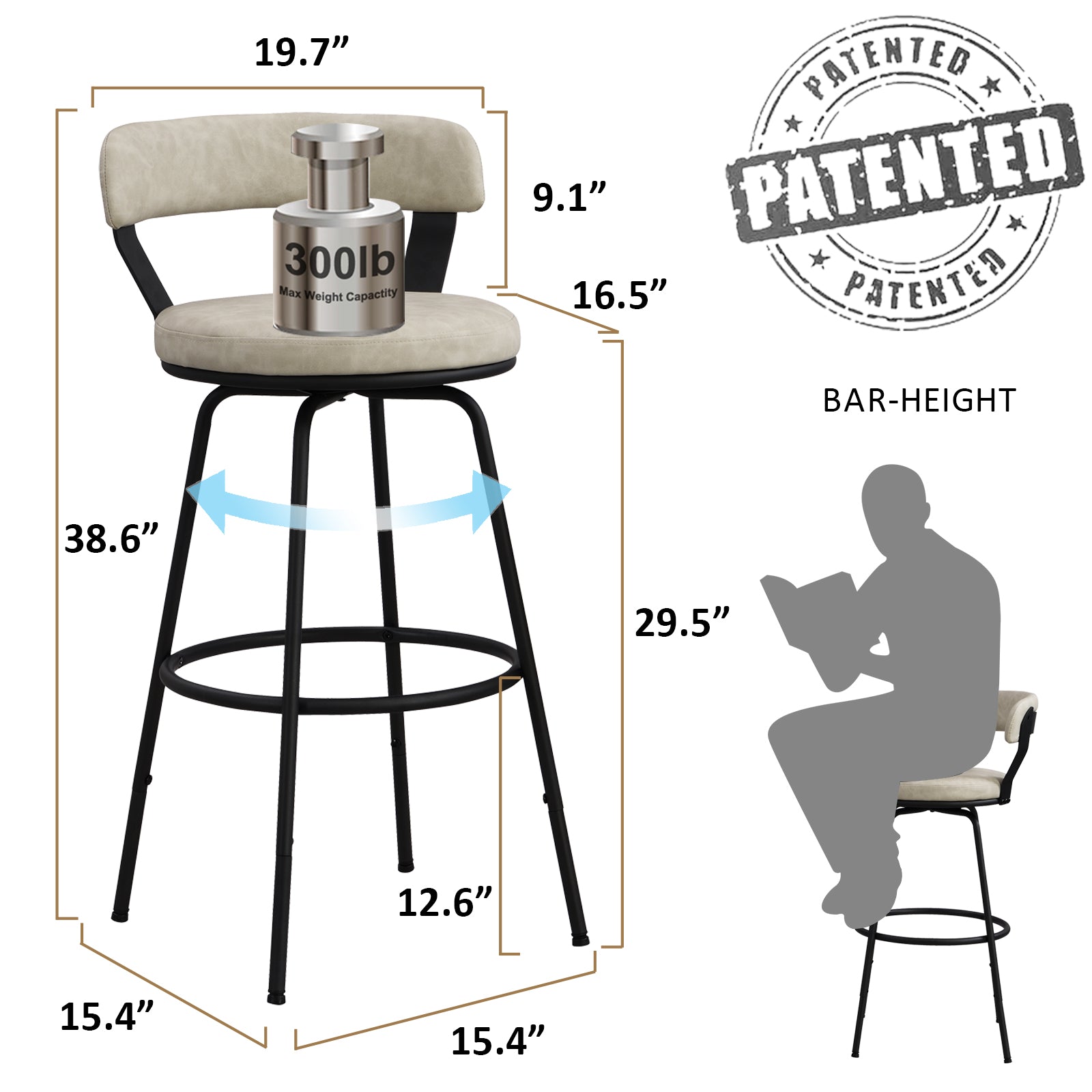 Industrial Metal Bar Stools with Low Back Upholstered Leather Counter Stools (Set of 2)