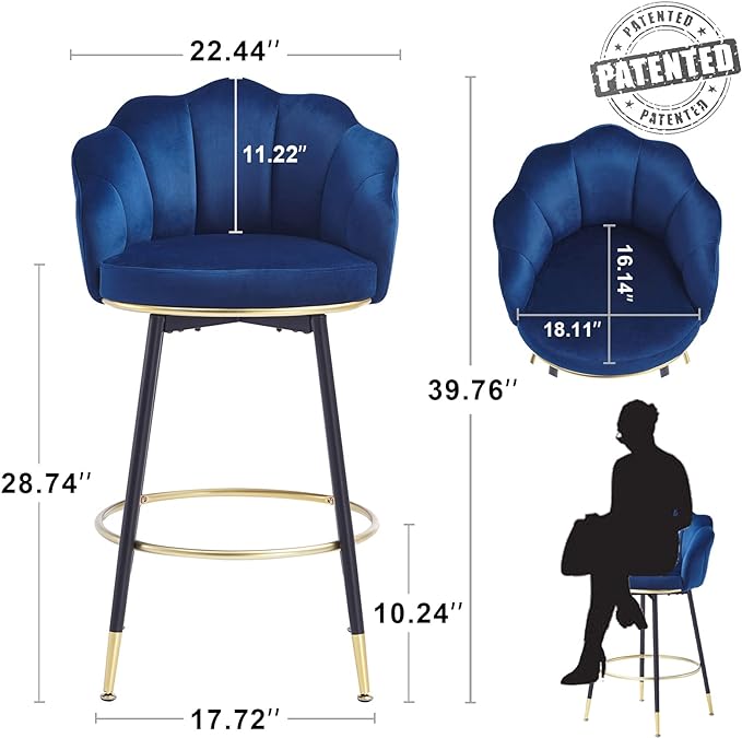 Swivel Bar Stools Extra-Tall Bar Stools, High Back, Velvet, Metal Legs, Set of 2