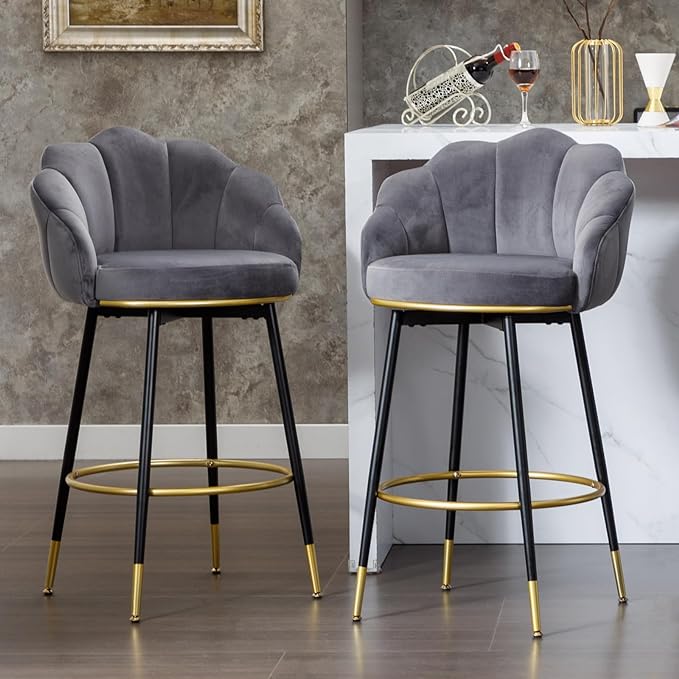 Swivel Bar Stools Extra-Tall Bar Stools, High Back, Velvet, Metal Legs, Set of 2
