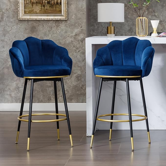 Swivel Bar Stools Extra-Tall Bar Stools, High Back, Velvet, Metal Legs, Set of 2