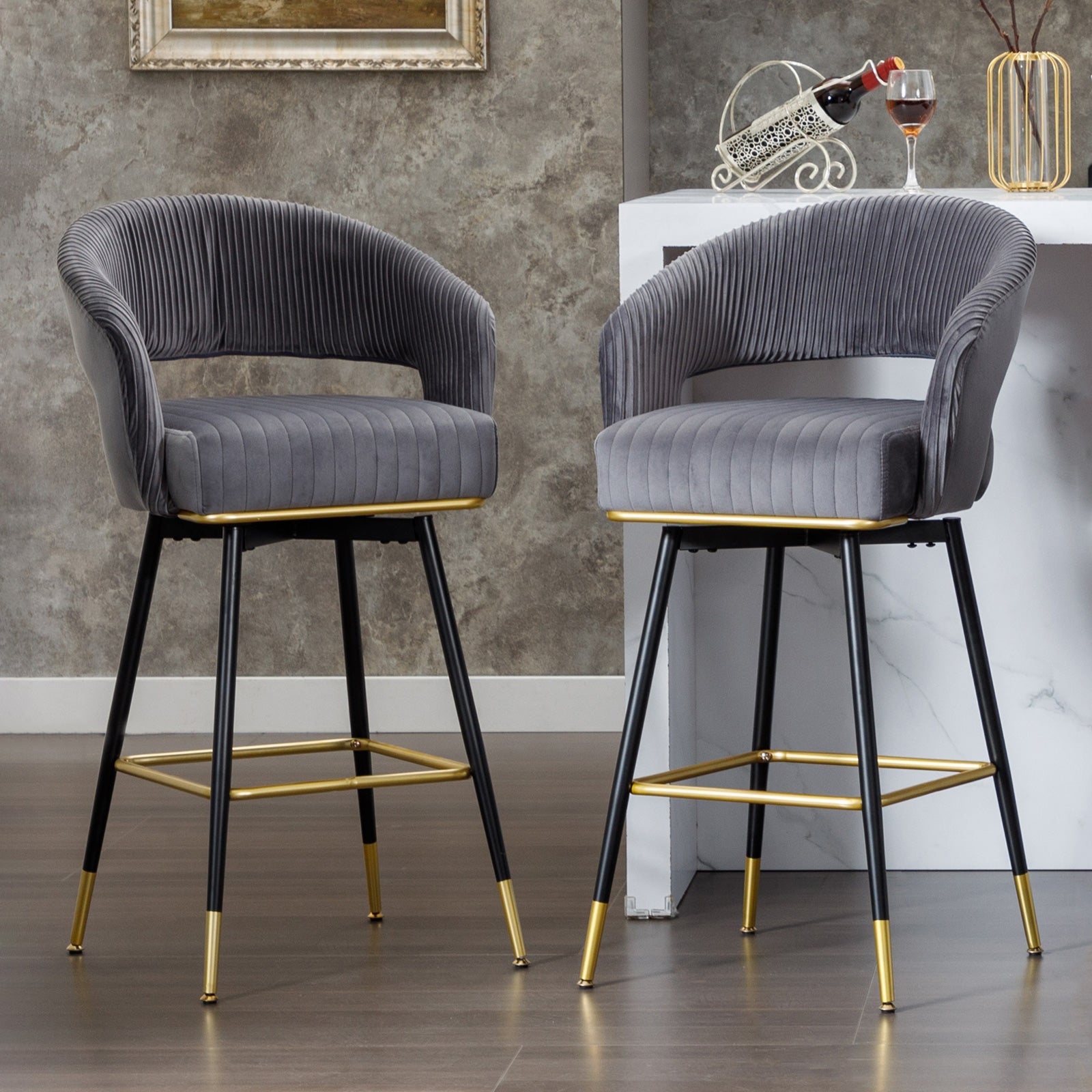 Swivel bar stools (Set of 2)Upholstered Velvet counter height bar stools with Backs
