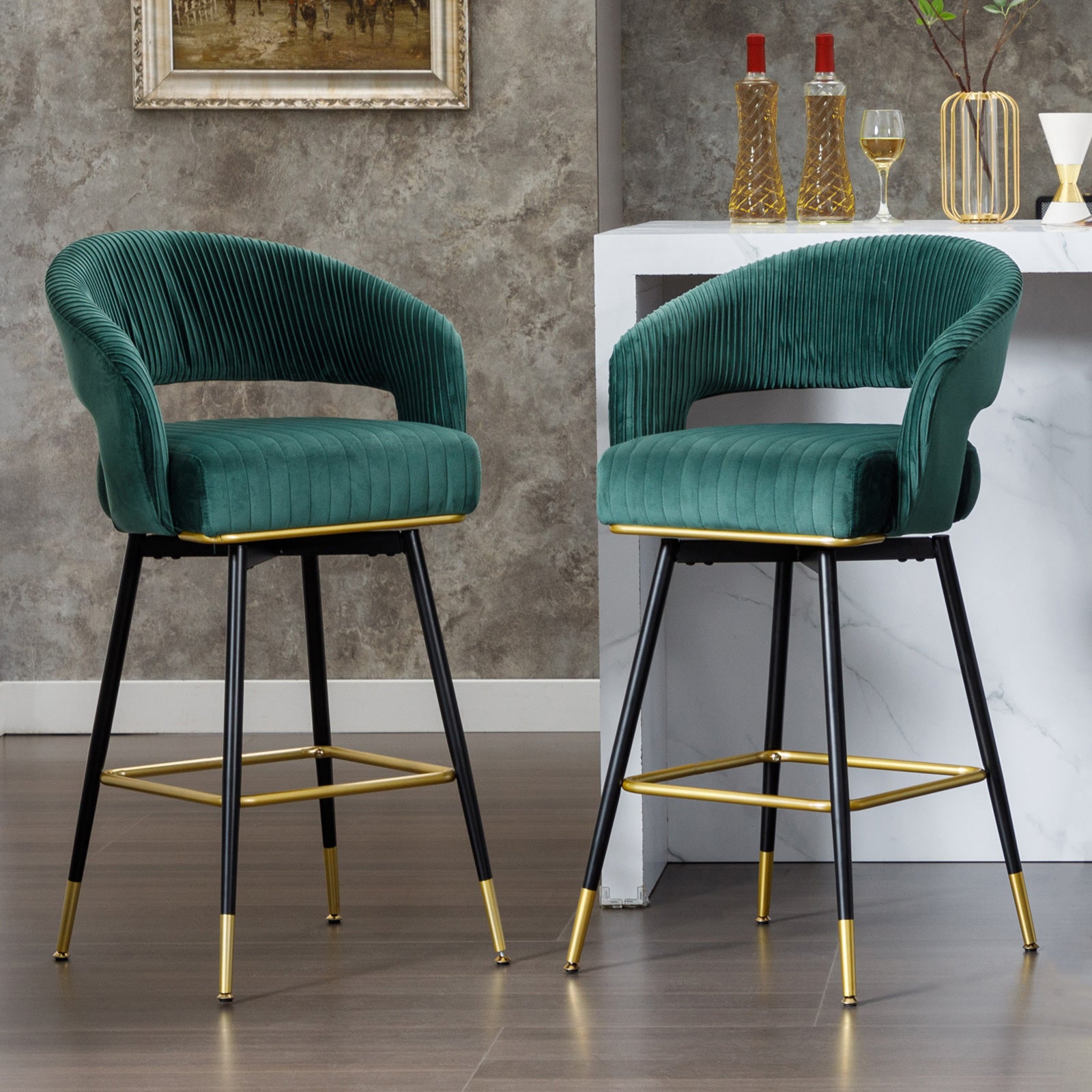 Swivel bar stools (Set of 2)Upholstered Velvet counter height bar stools with Backs