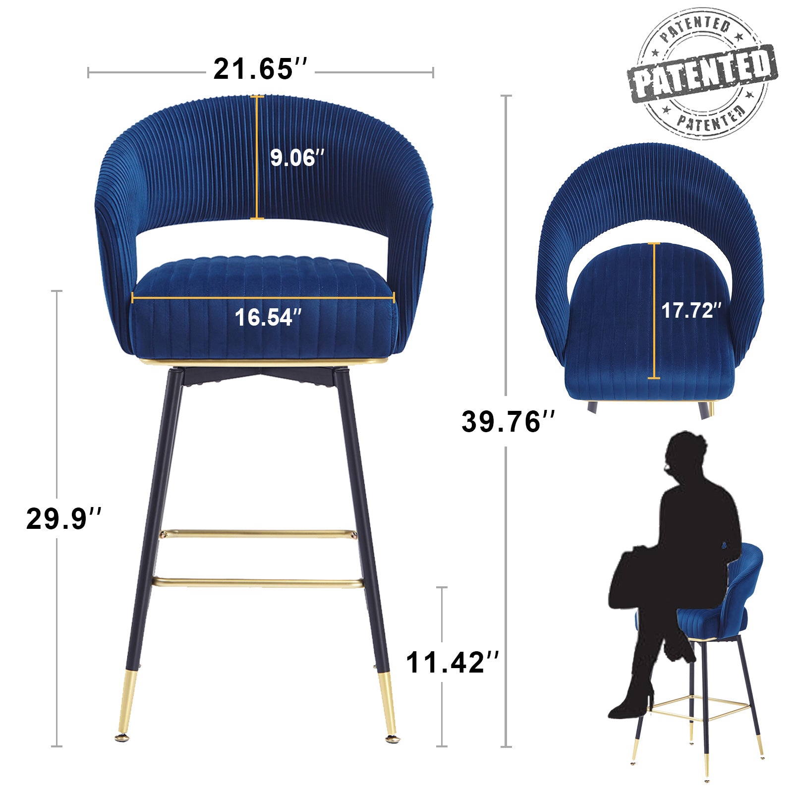 Swivel bar stools (Set of 2)Upholstered Velvet counter height bar stools with Backs