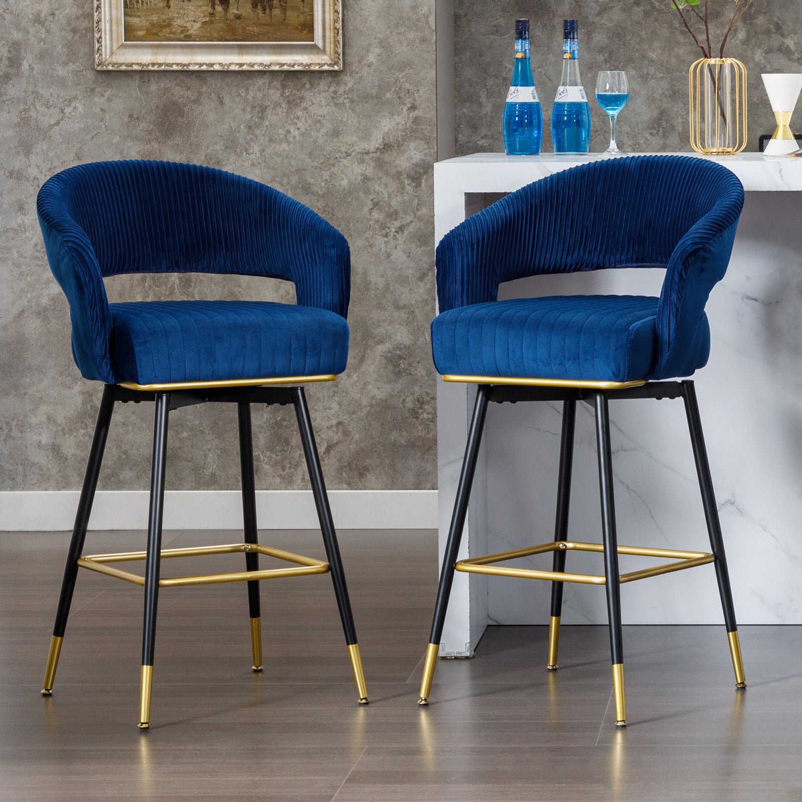 Swivel bar stools (Set of 2)Upholstered Velvet counter height bar stools with Backs