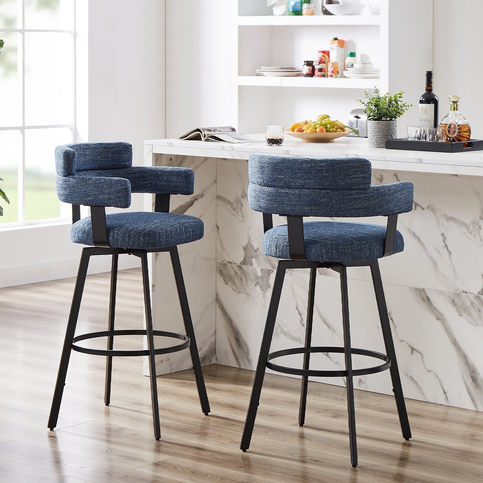 Contemporary Fabric Swivel Bar Stools (Set of 2) with High Back and Arms
