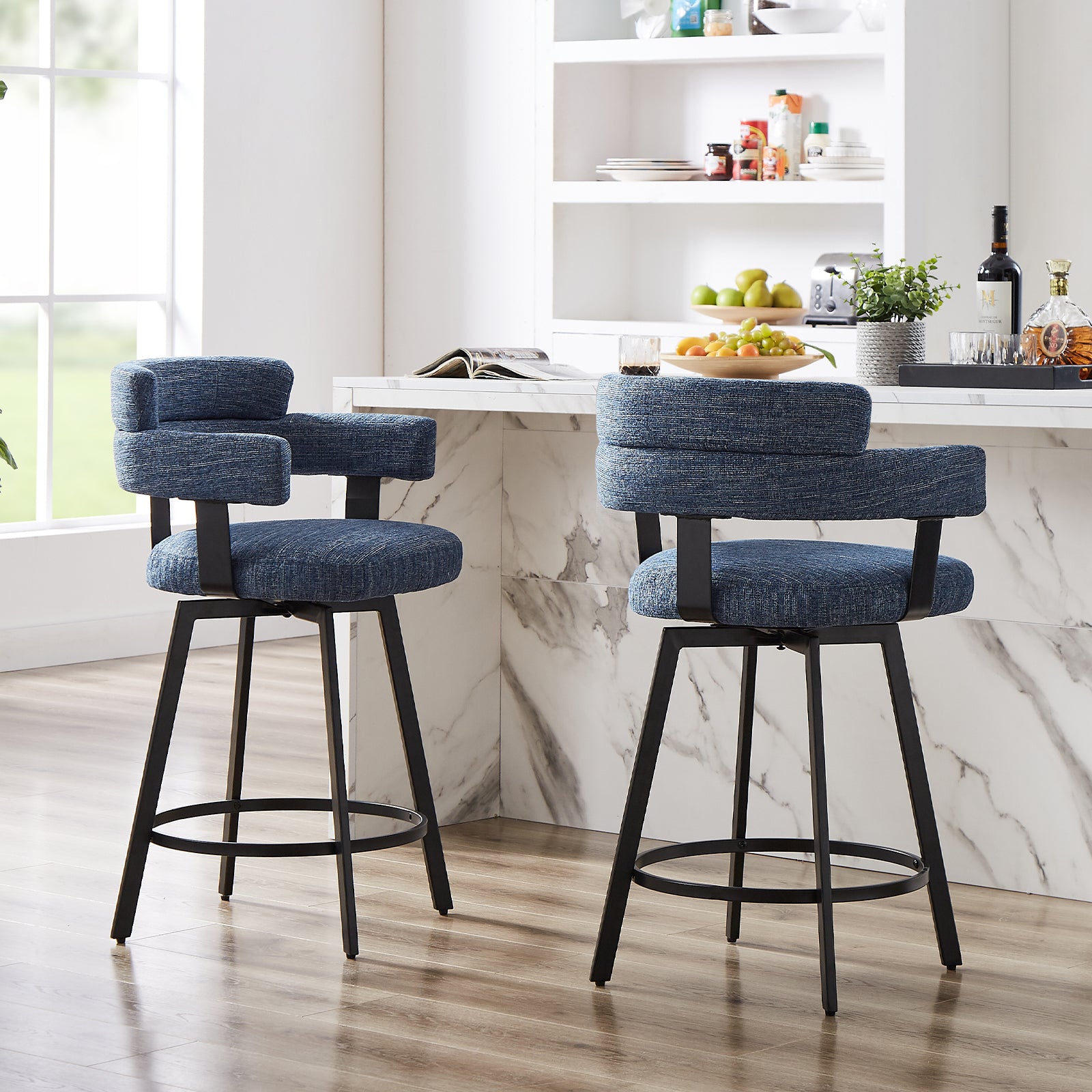 Contemporary Fabric Swivel Bar Stools (Set of 2) with High Back and Arms