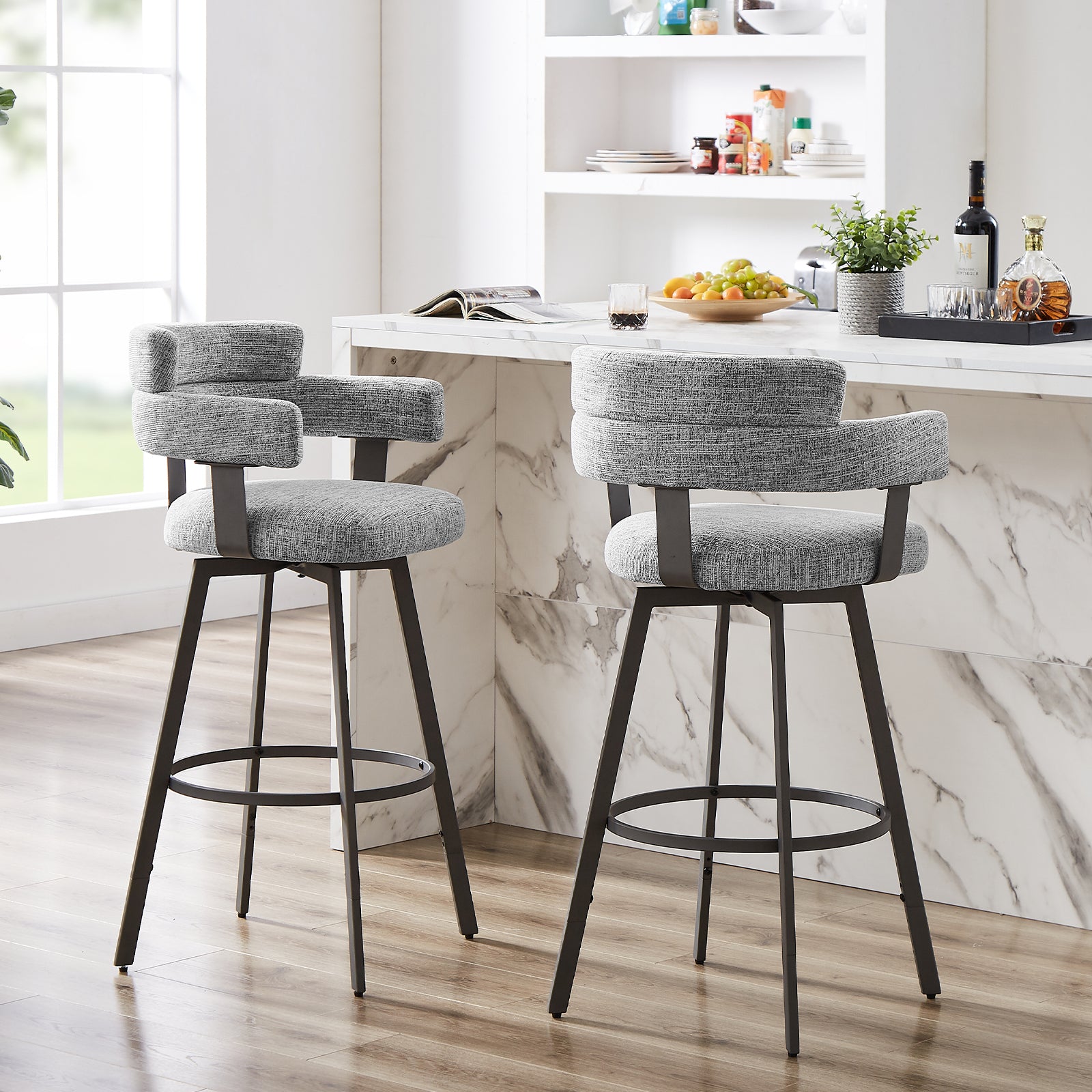 Contemporary Fabric Swivel Bar Stools (Set of 2) with High Back and Arms