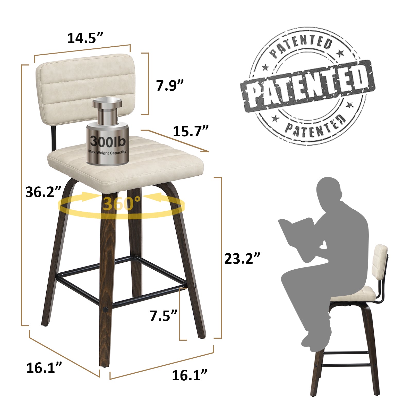 Bar Height Swivel Bar Stools (Set of 2) PU Leather with Back
