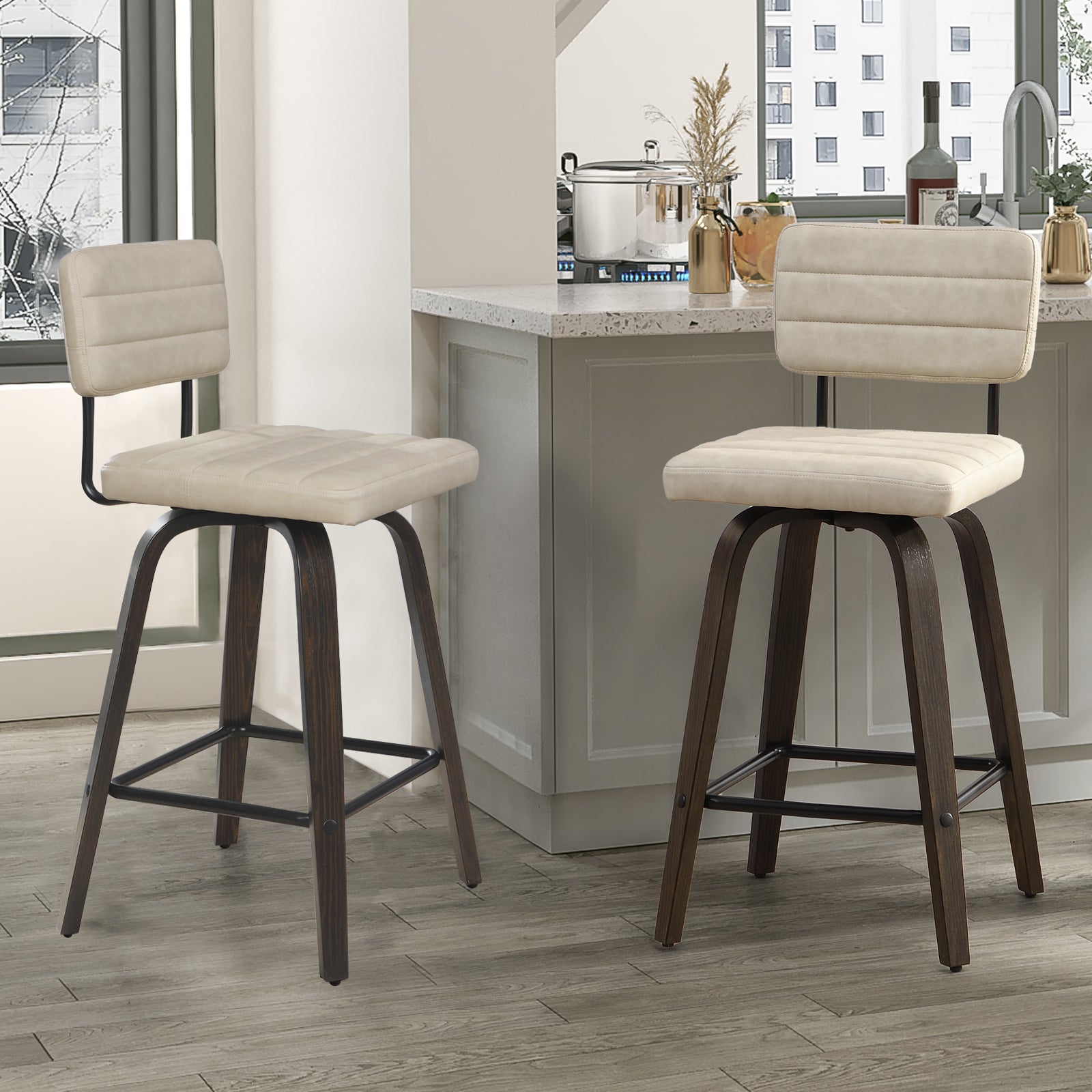 Bar Height Swivel Bar Stools (Set of 2) PU Leather with Back