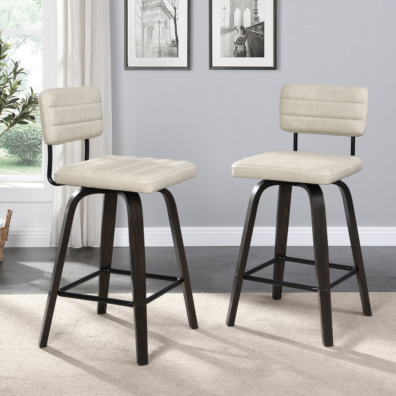Bar Height Swivel Bar Stools (Set of 2) PU Leather with Back