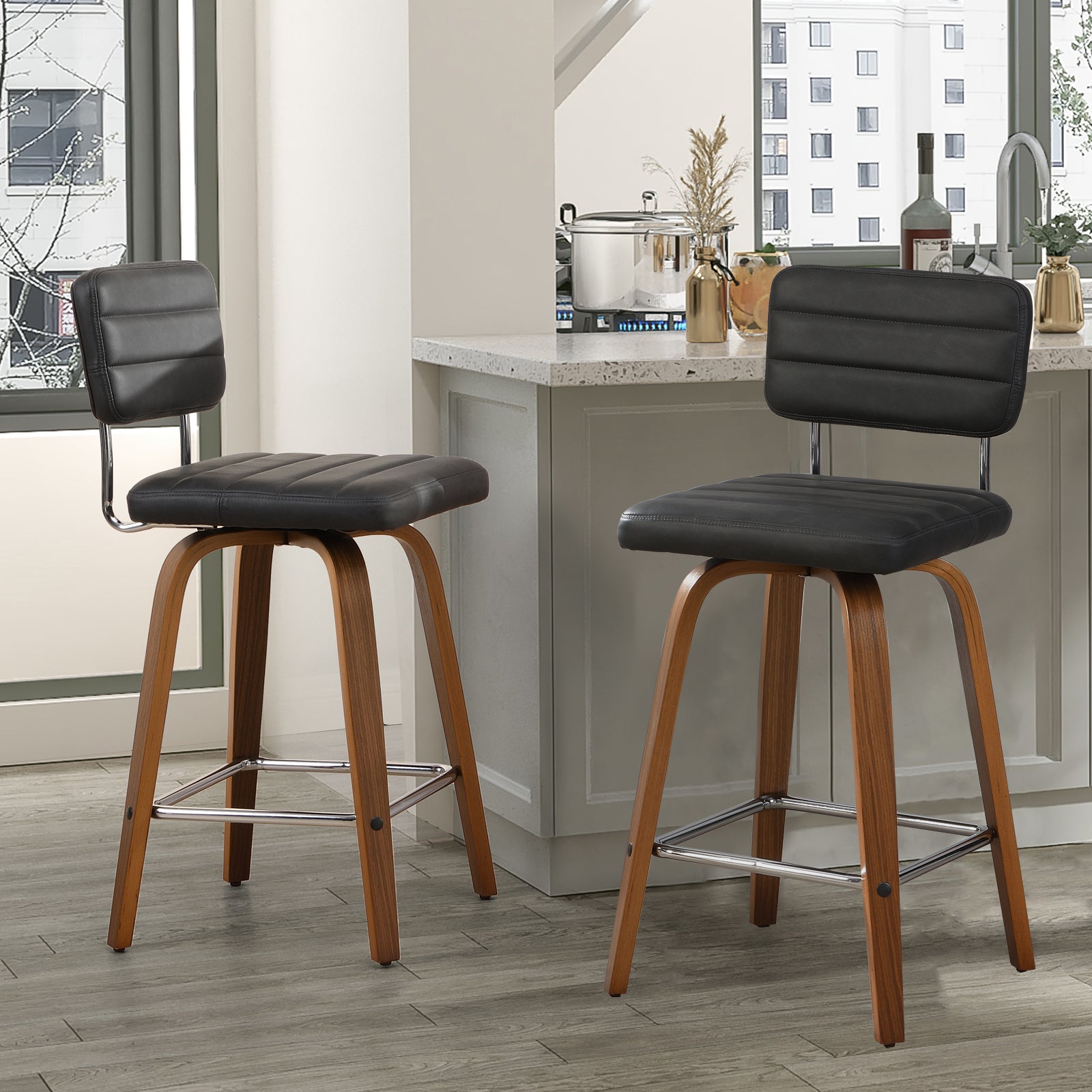 Bar Height Swivel Bar Stools (Set of 2) PU Leather with Back