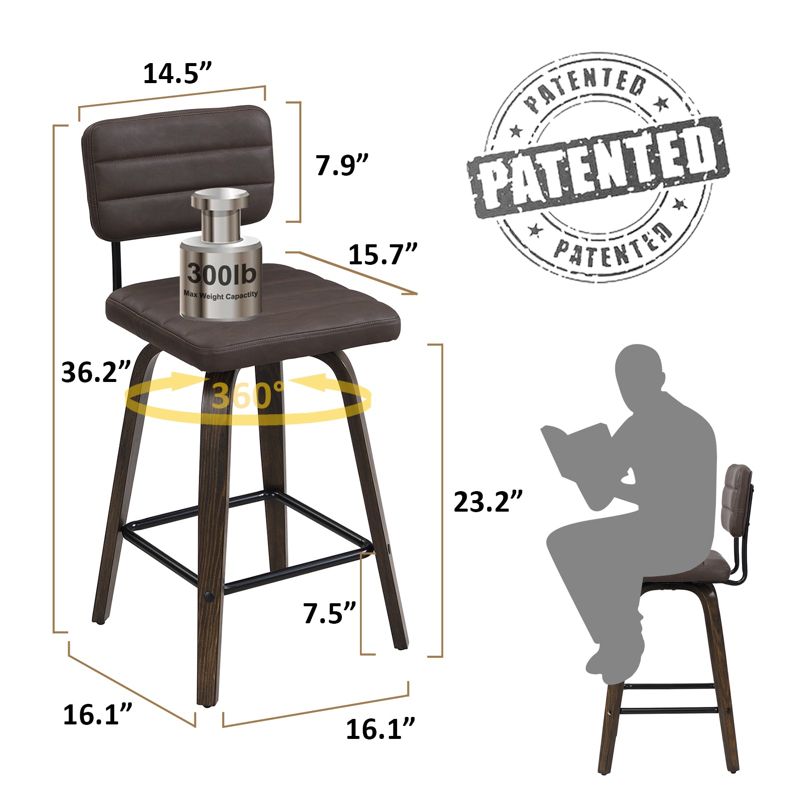 Bar Height Swivel Bar Stools (Set of 2) PU Leather with Back