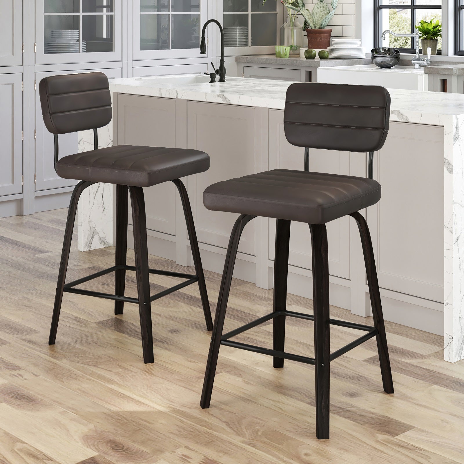 Bar Height Swivel Bar Stools (Set of 2) PU Leather with Back