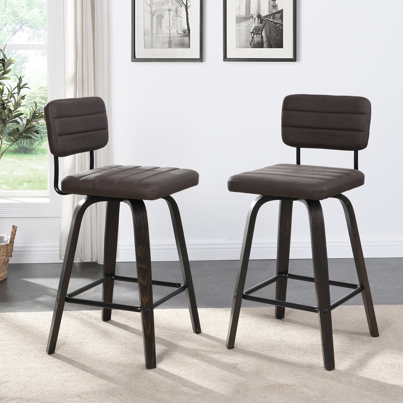 Bar Height Swivel Bar Stools (Set of 2) PU Leather with Back