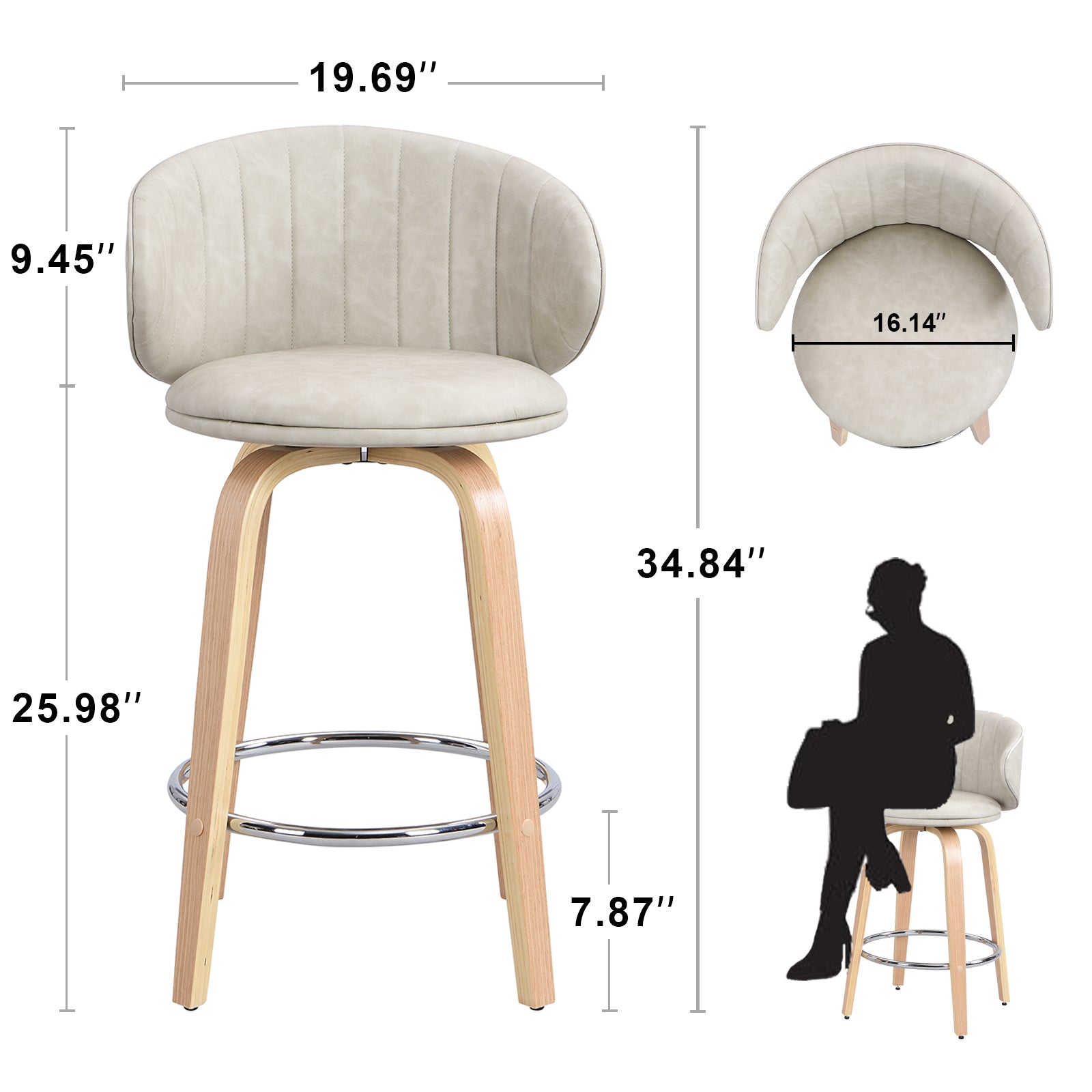 Modern Pu Leather Swivel Bar Stools with Back Wood Frame