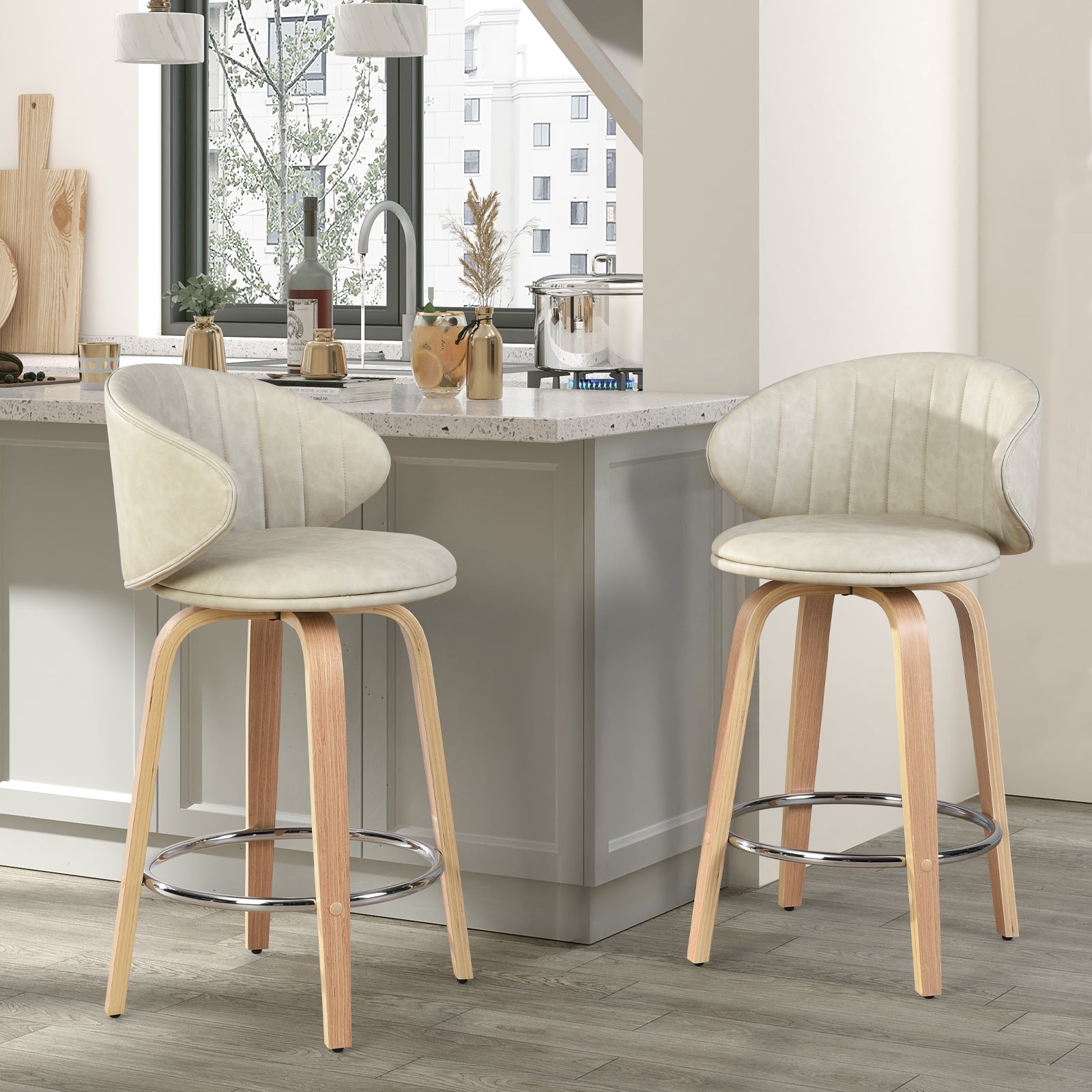 Modern Pu Leather Swivel Bar Stools with Back Wood Frame