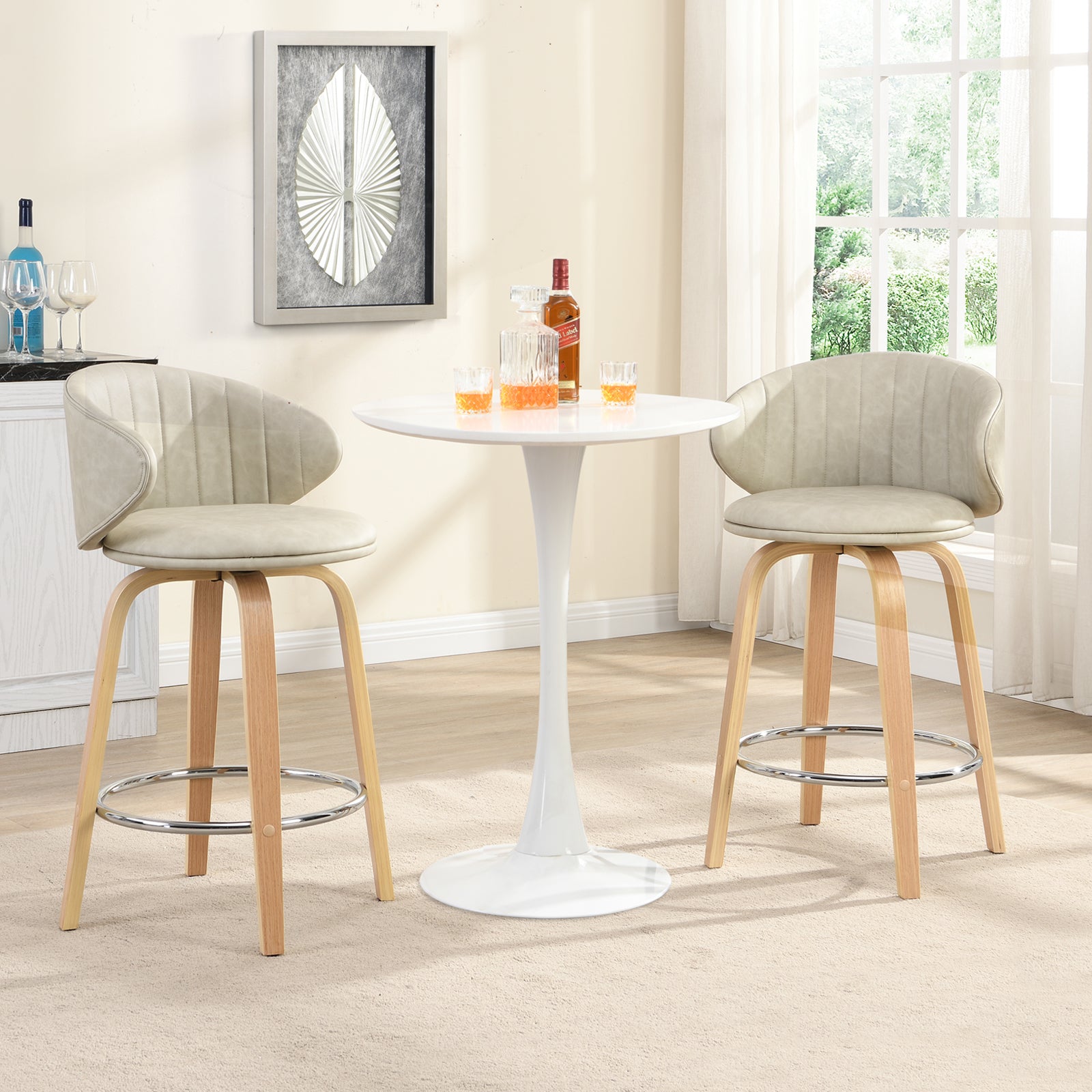 Modern Pu Leather Swivel Bar Stools with Back Wood Frame