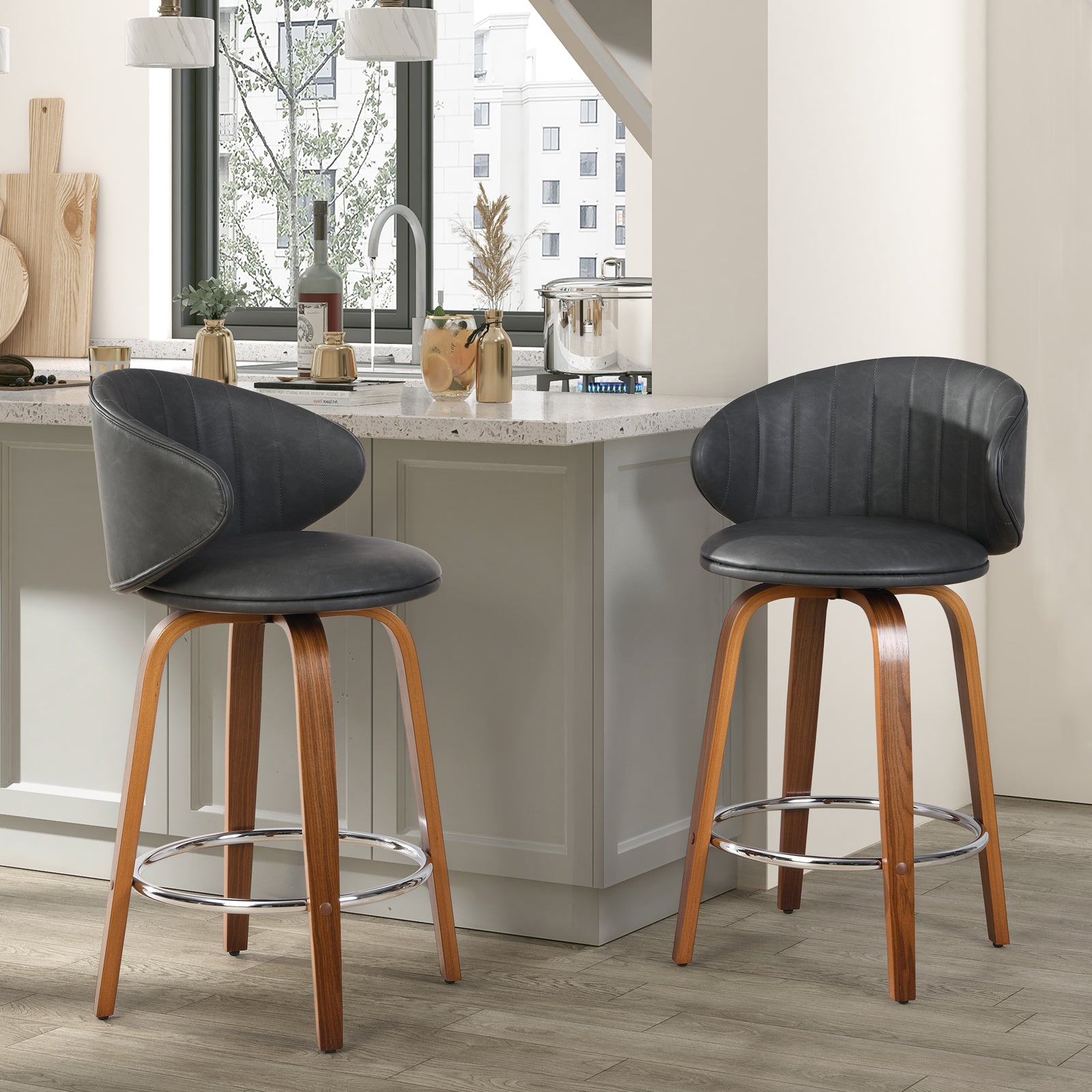 Modern Pu Leather Swivel Bar Stools with Back Wood Frame