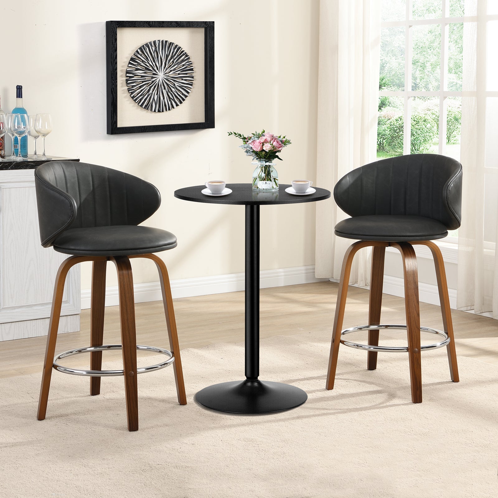 Modern Pu Leather Swivel Bar Stools with Back Wood Frame