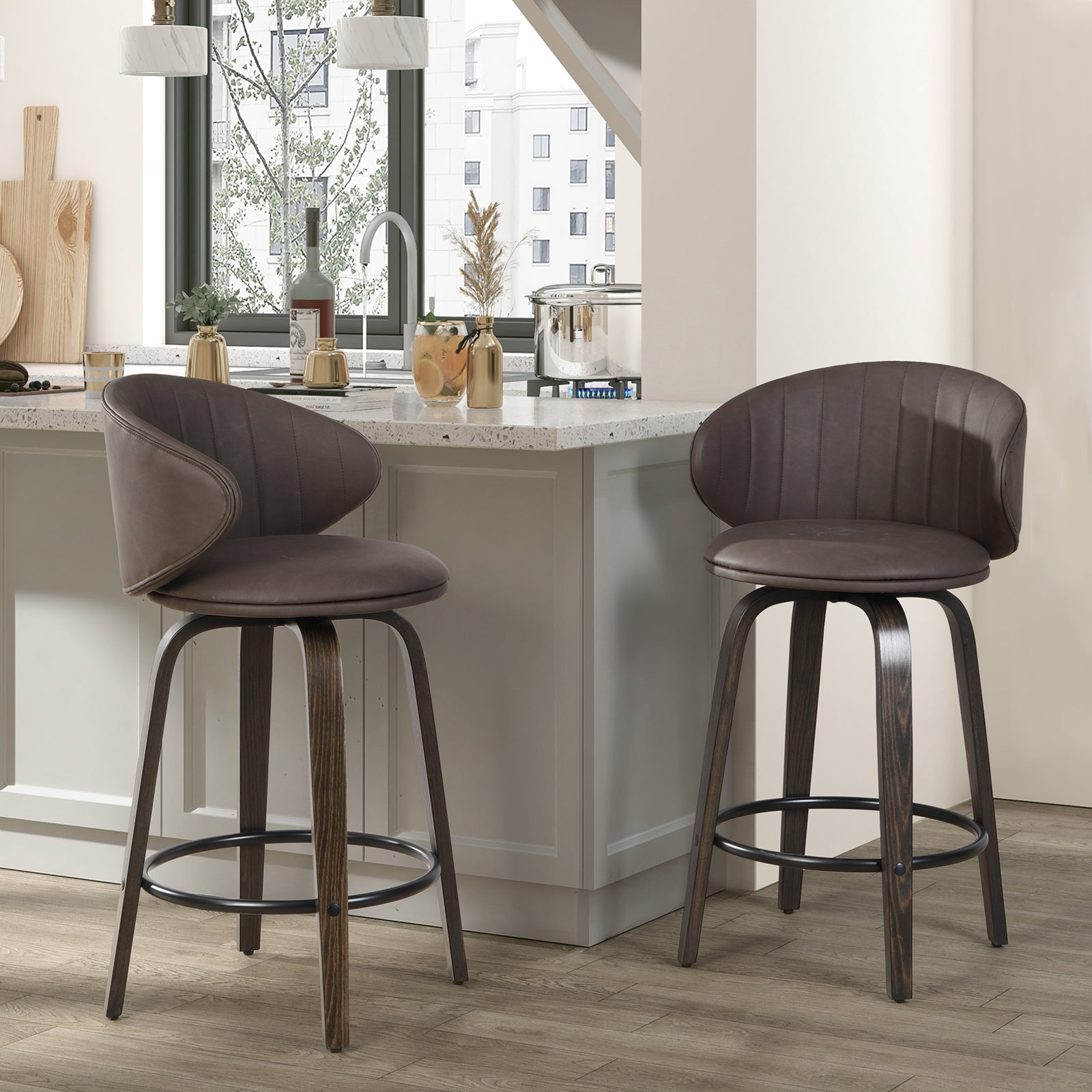 Modern Pu Leather Swivel Bar Stools with Back Wood Frame