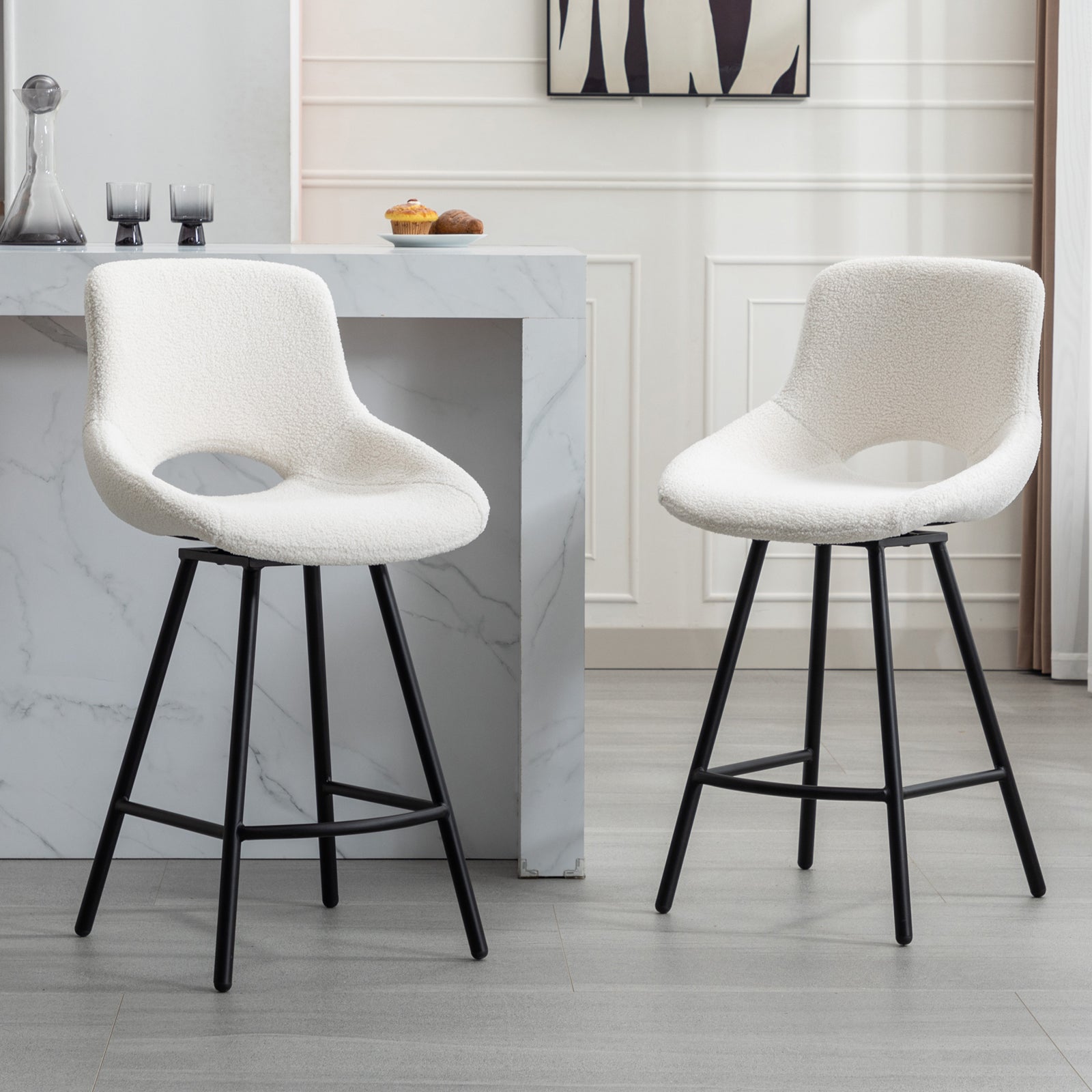 Velvet Upholstered Bar Stool with Low Back Swivel Bar Stools with Footrest