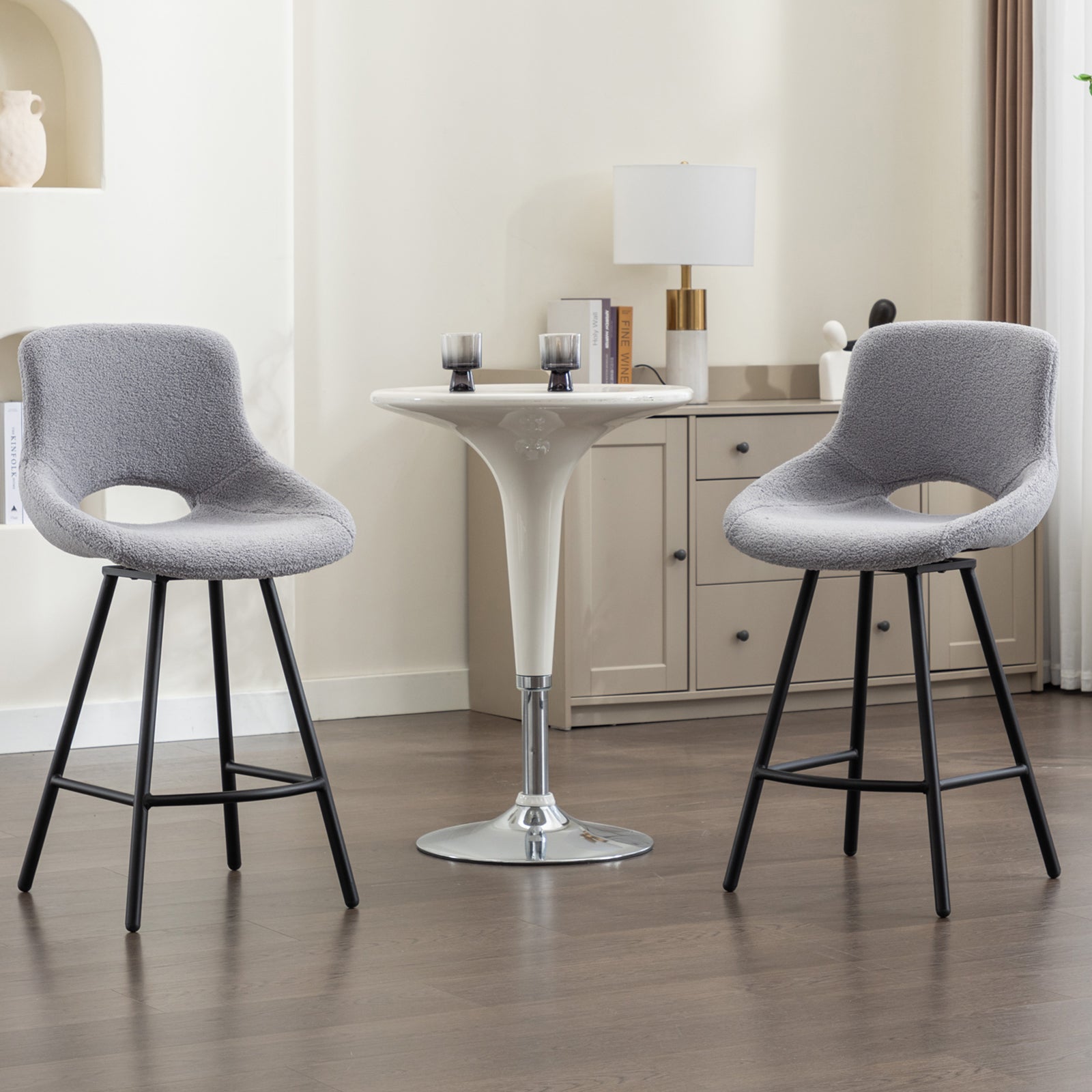 Velvet Upholstered Bar Stool with Low Back Swivel Bar Stools with Footrest