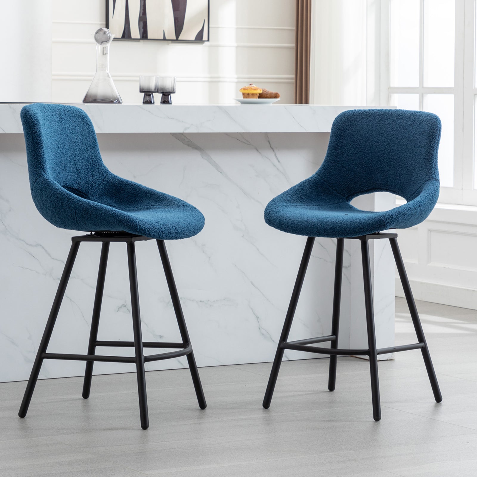 Velvet Upholstered Bar Stool with Low Back Swivel Bar Stools with Footrest