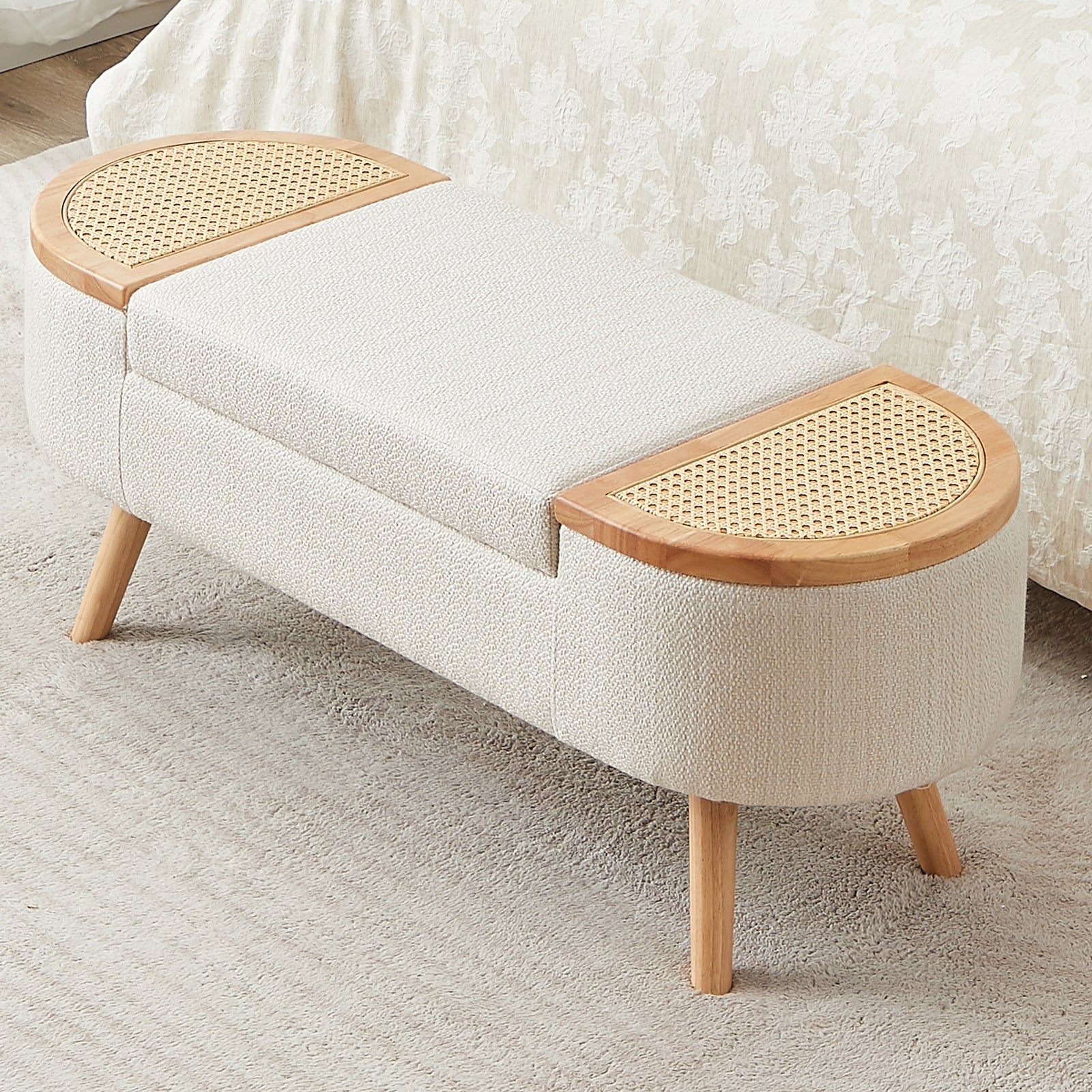 Upholstered Bedroom Storage Bench with Rattan