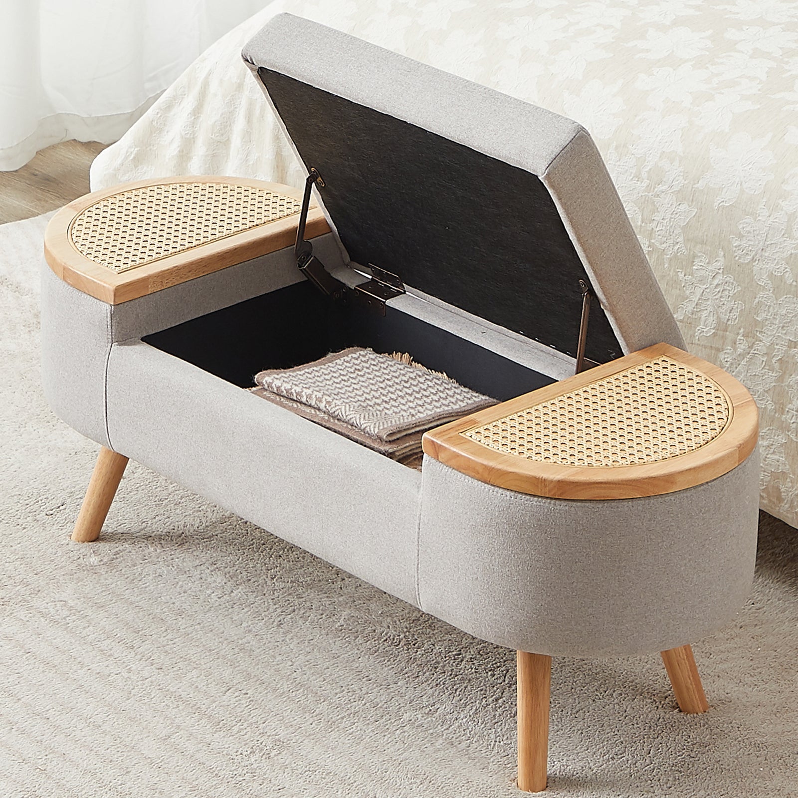 Upholstered Bedroom Storage Bench with Rattan
