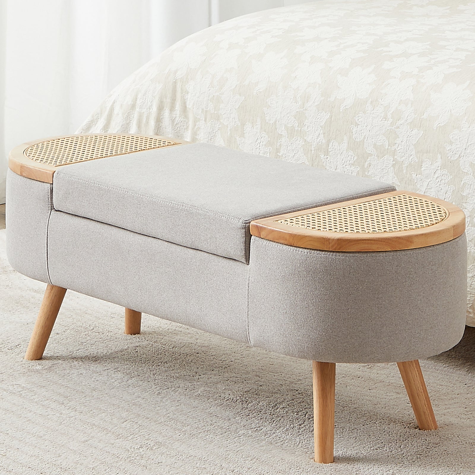 Upholstered Bedroom Storage Bench with Rattan