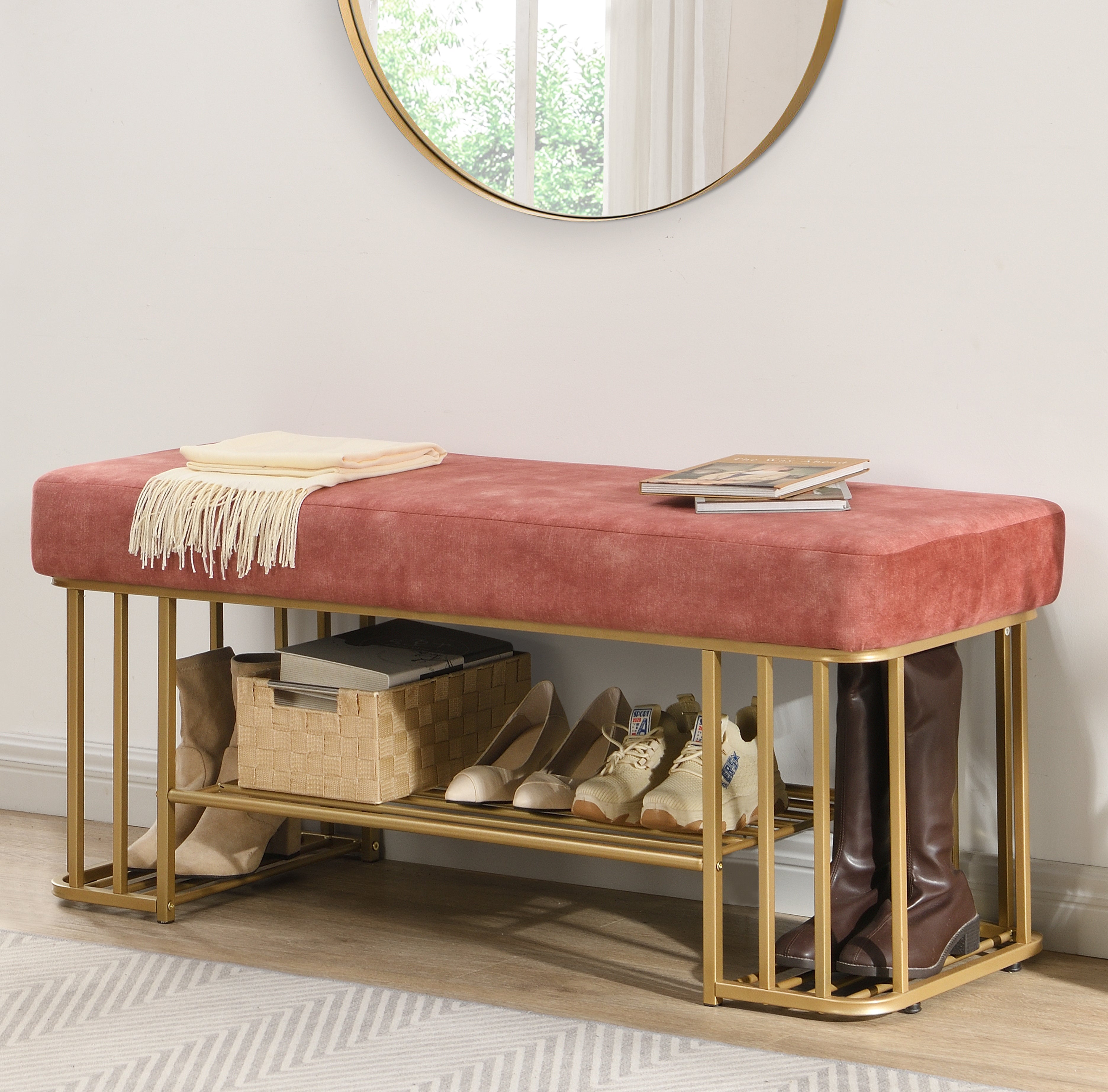 Velvet Upholstered Storage Bench with Shelves Entryway Bench with Shoe Storage