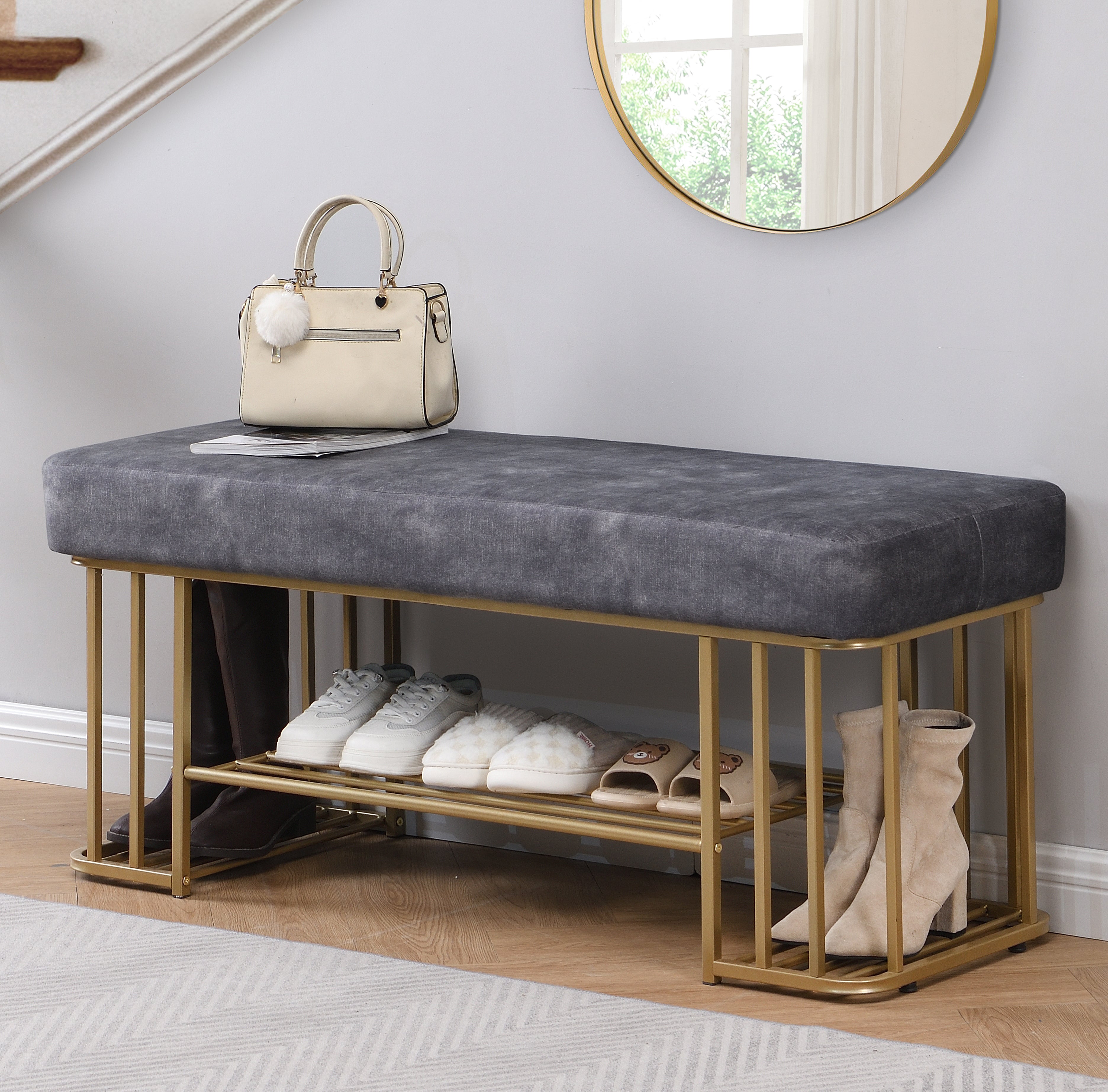 Velvet Upholstered Storage Bench with Shelves Entryway Bench with Shoe Storage