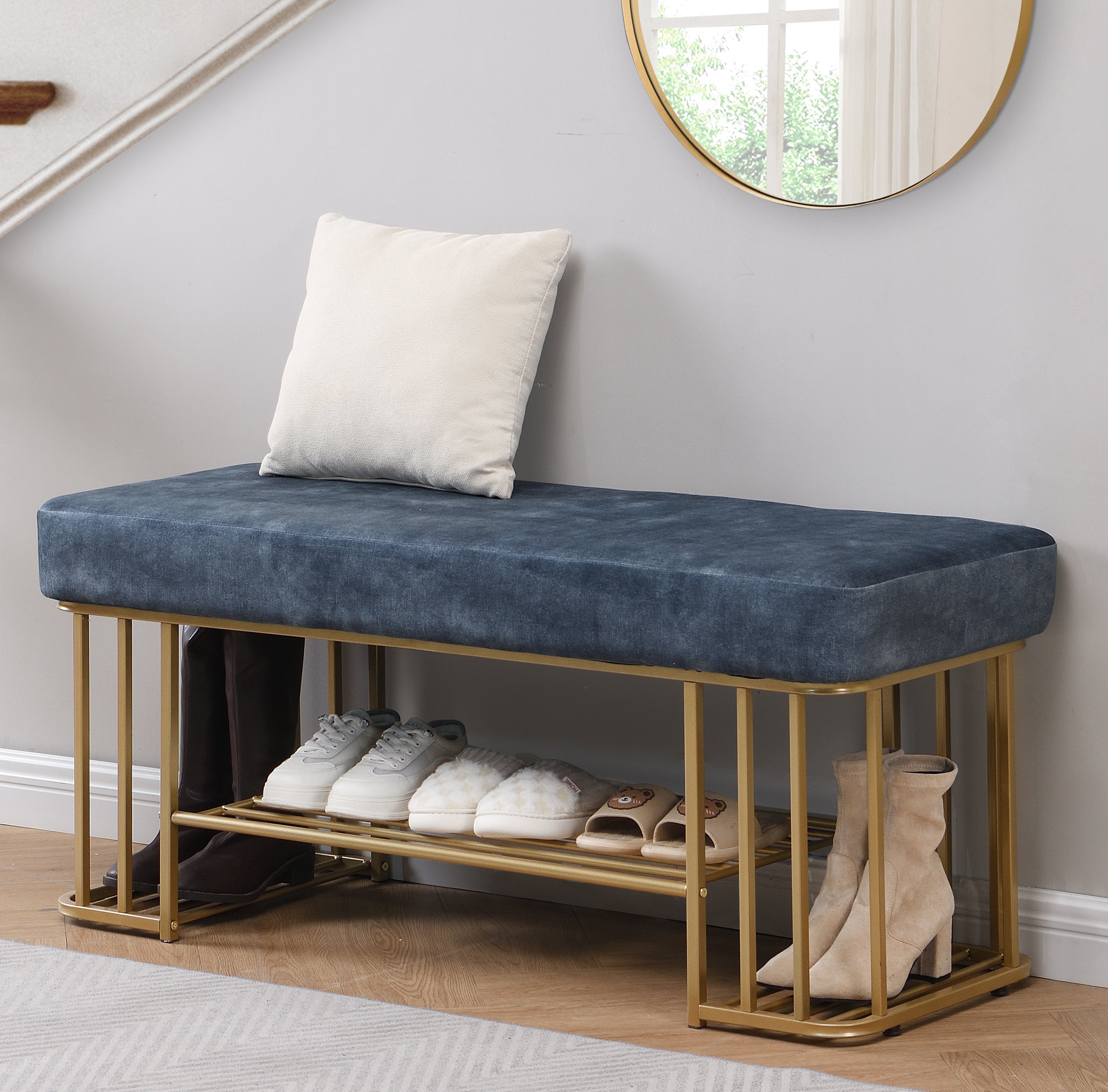 Velvet Upholstered Storage Bench with Shelves Entryway Bench with Shoe Storage