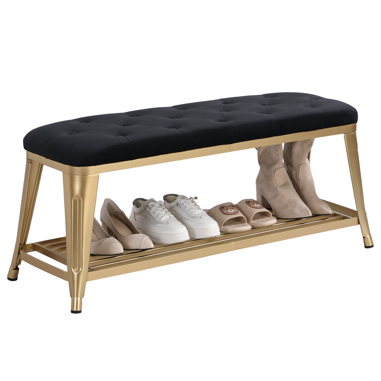 Shoe Storage Bench with Velvet Tufted,Gold Metal Legs