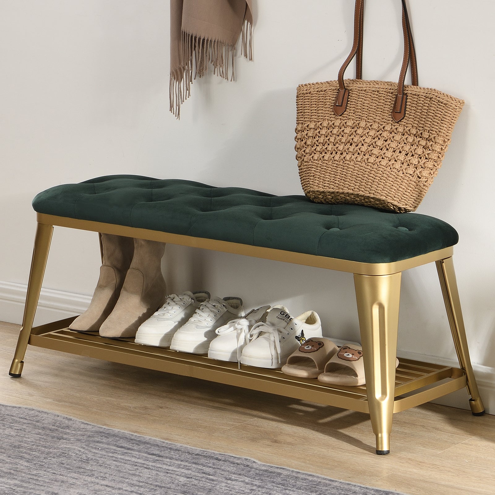 Shoe Storage Bench with Velvet Tufted,Gold Metal Legs