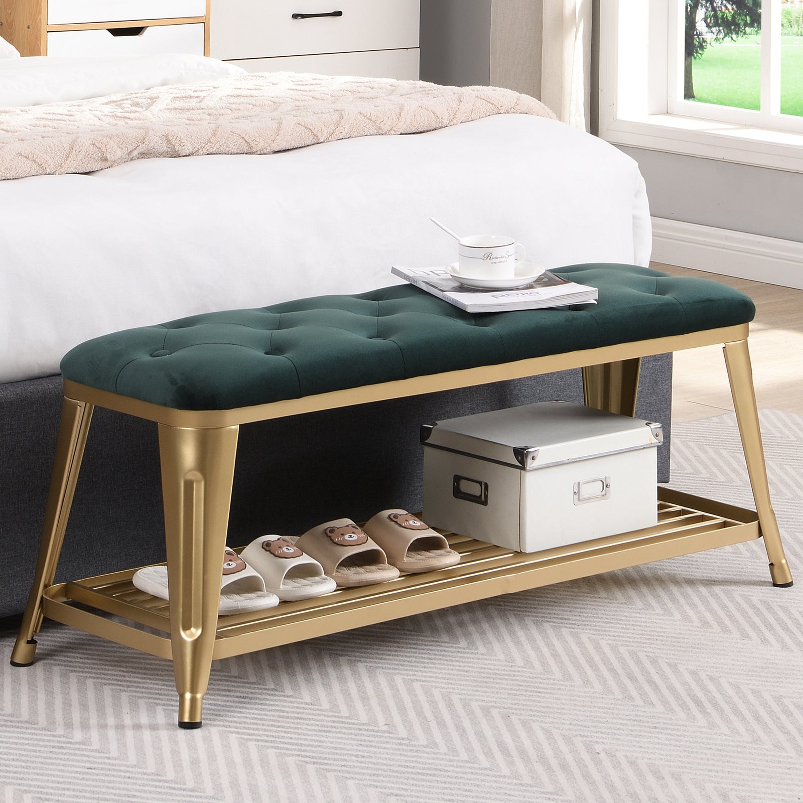 Shoe Storage Bench with Velvet Tufted,Gold Metal Legs