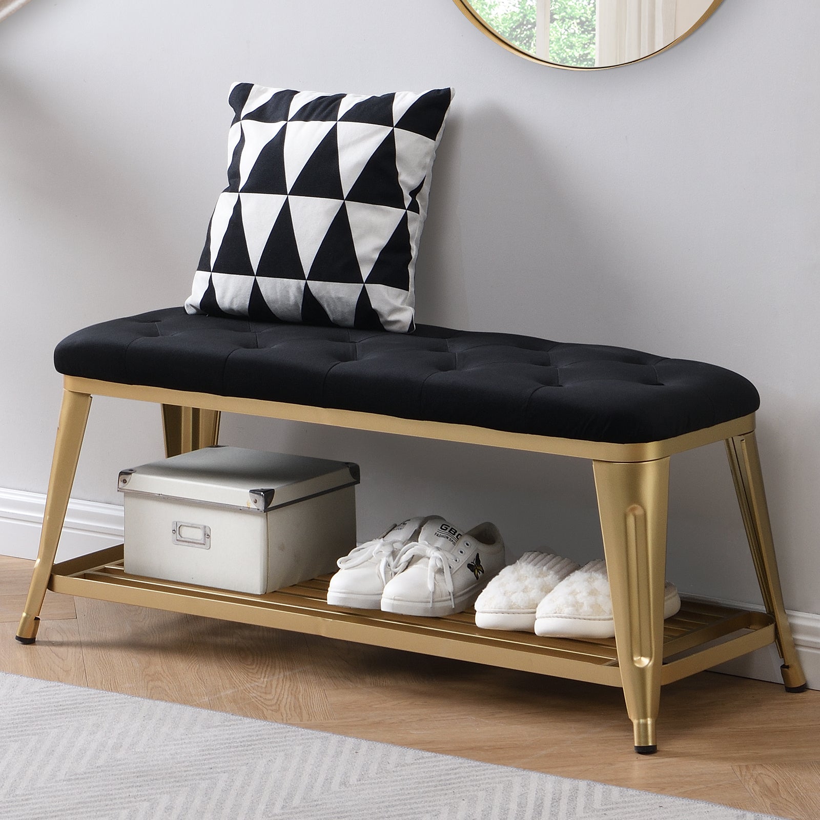 Shoe Storage Bench with Velvet Tufted,Gold Metal Legs
