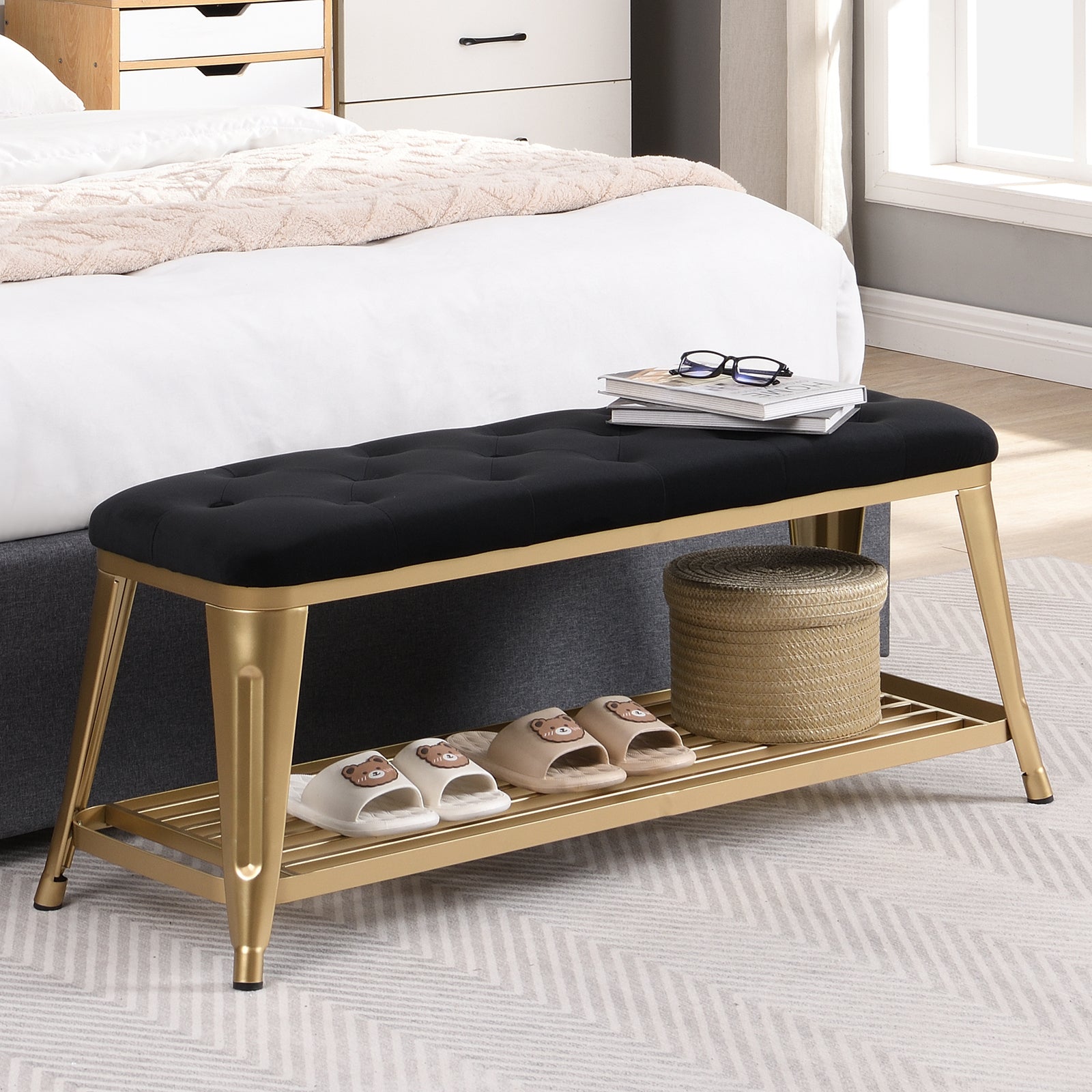 Shoe Storage Bench with Velvet Tufted,Gold Metal Legs