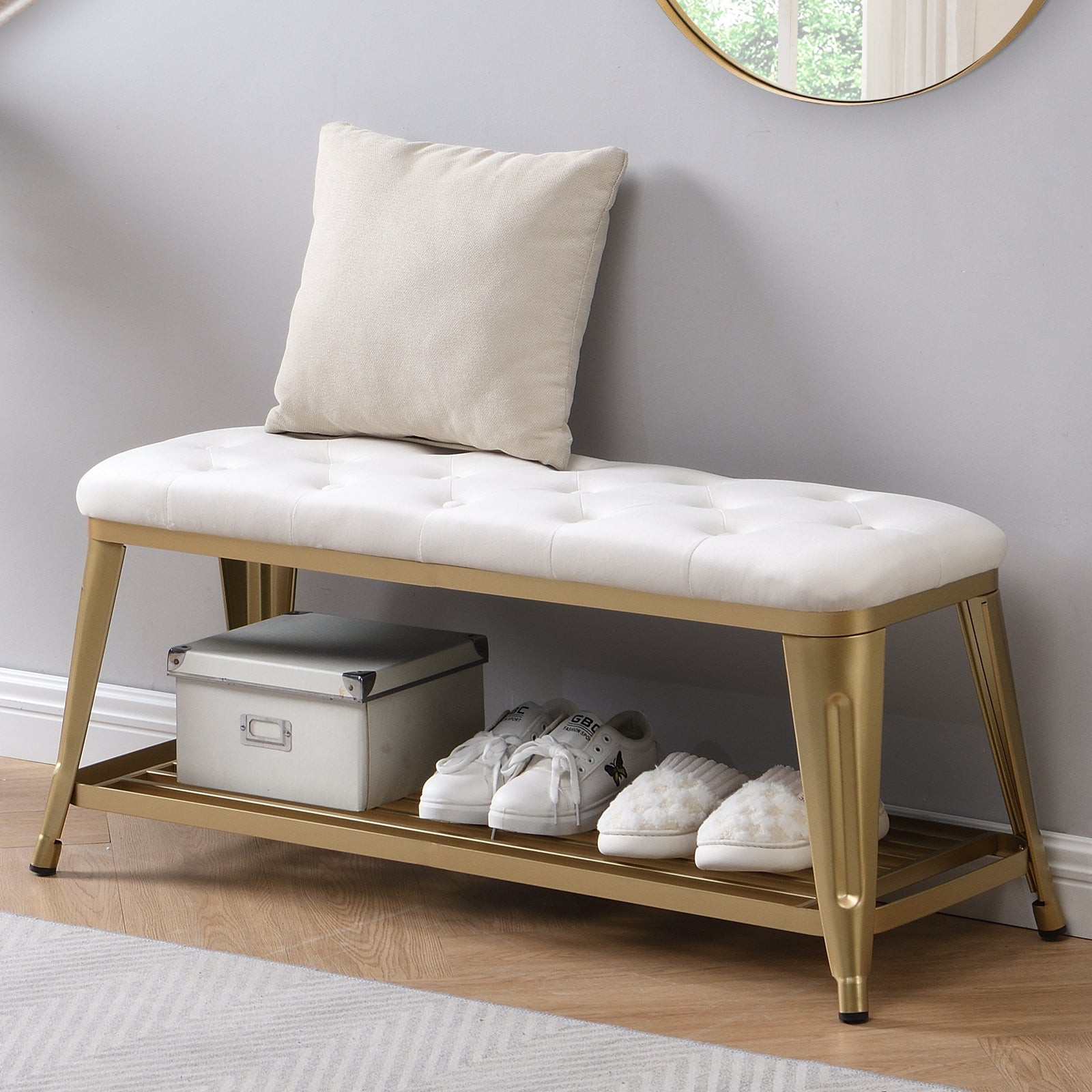 Shoe Storage Bench with Velvet Tufted,Gold Metal Legs