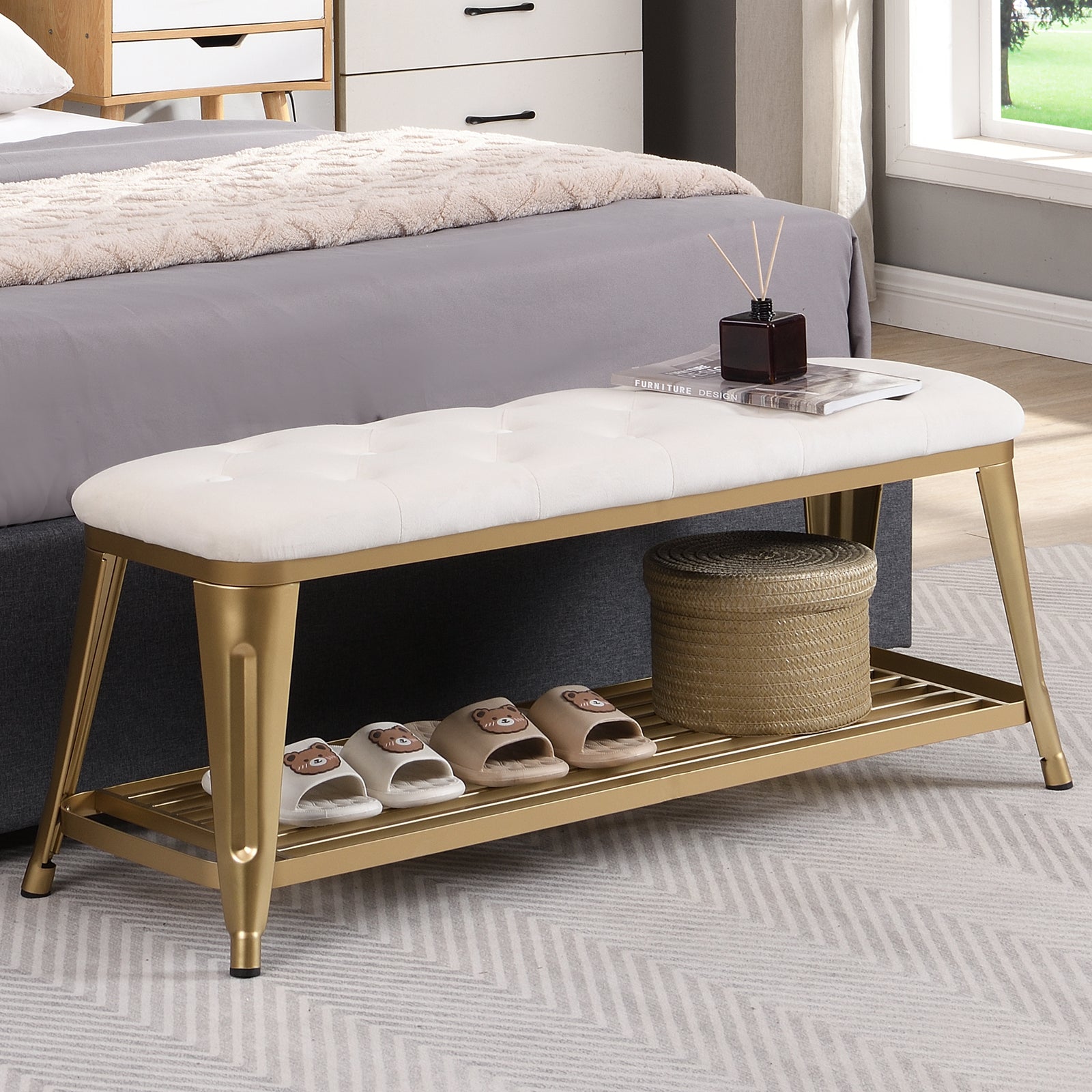 Shoe Storage Bench with Velvet Tufted,Gold Metal Legs