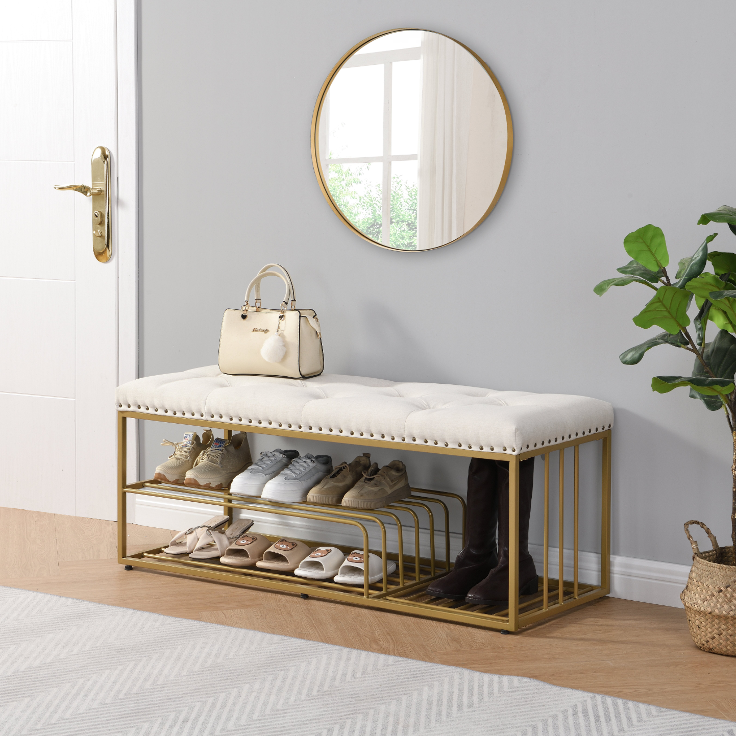 Modern Fabric Upholstered Bench with Shoe Storage End of Bed Bench