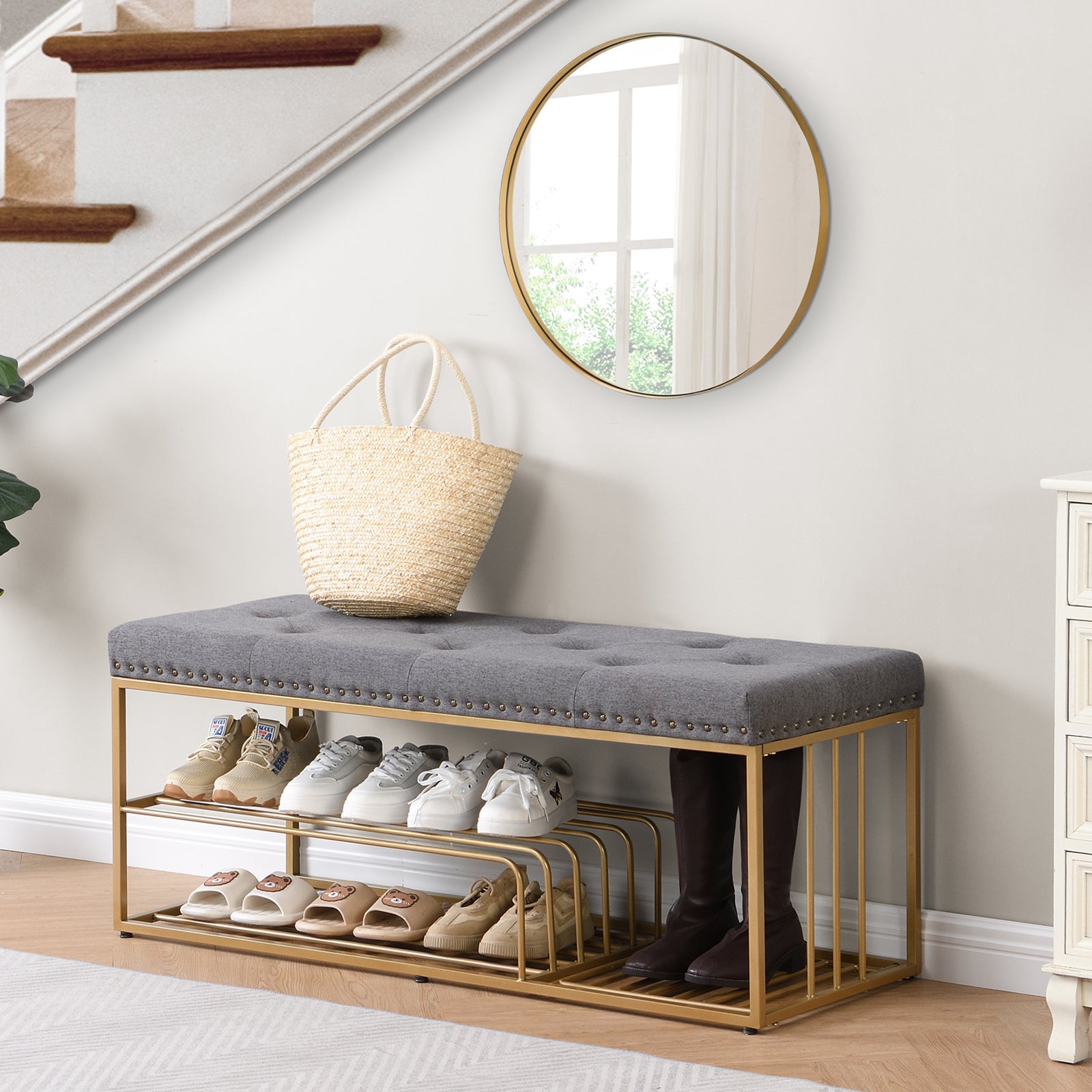 Modern Fabric Upholstered Bench with Shoe Storage End of Bed Bench