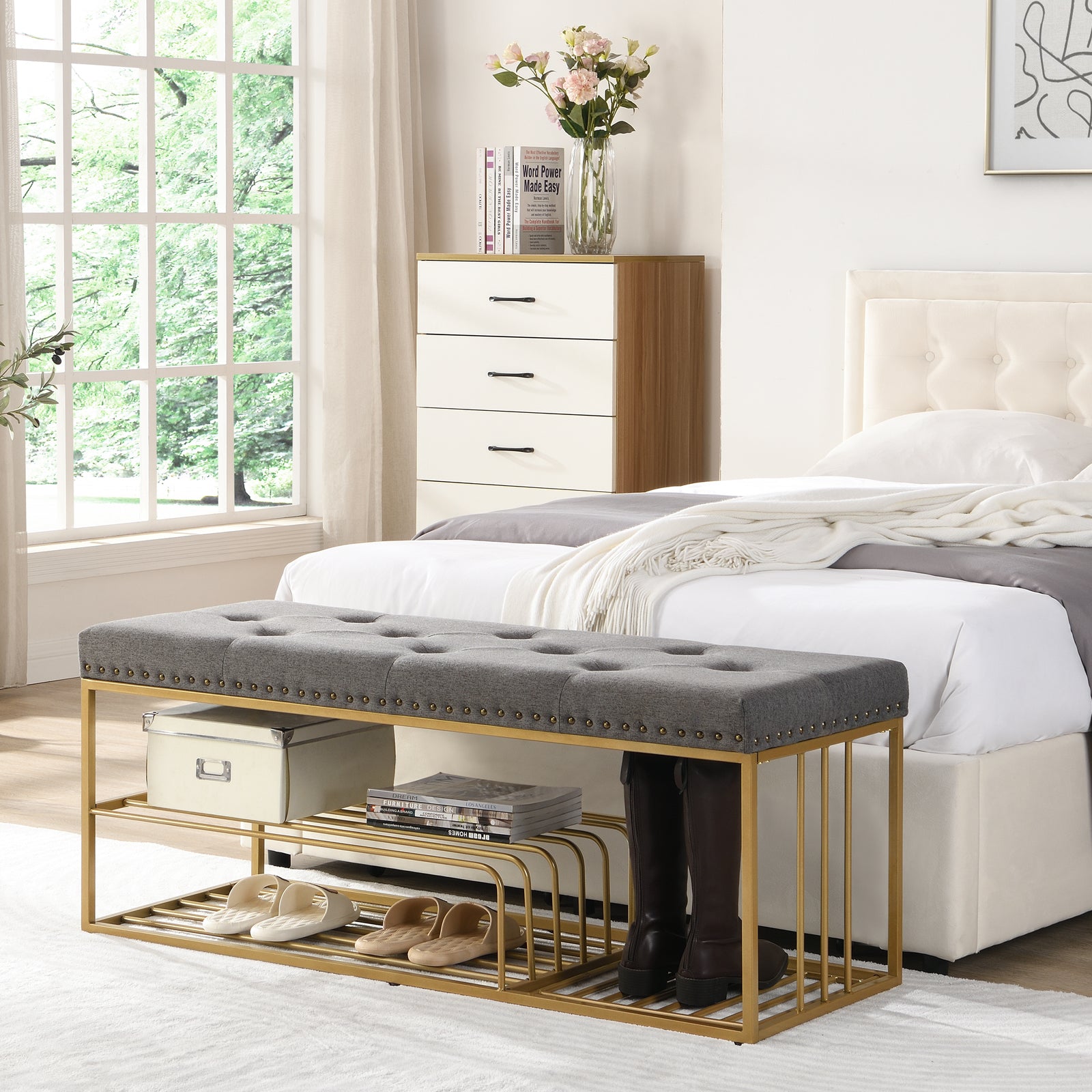 Modern Fabric Upholstered Bench with Shoe Storage End of Bed Bench