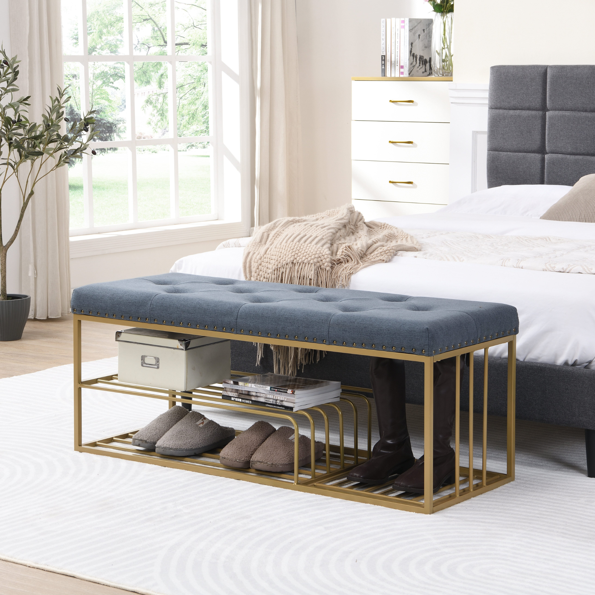 Modern Fabric Upholstered Bench with Shoe Storage End of Bed Bench