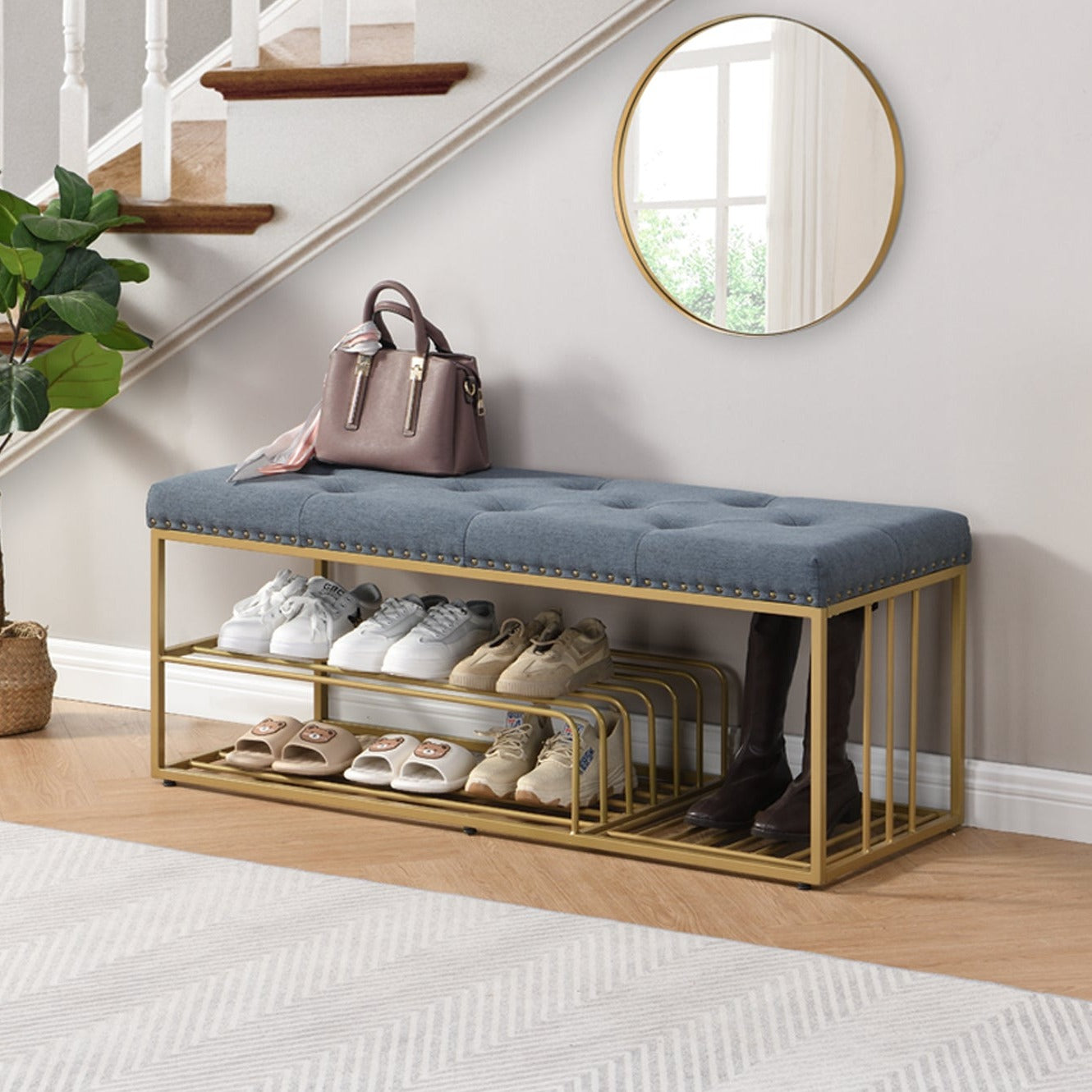 Modern Fabric Upholstered Bench with Shoe Storage End of Bed Bench
