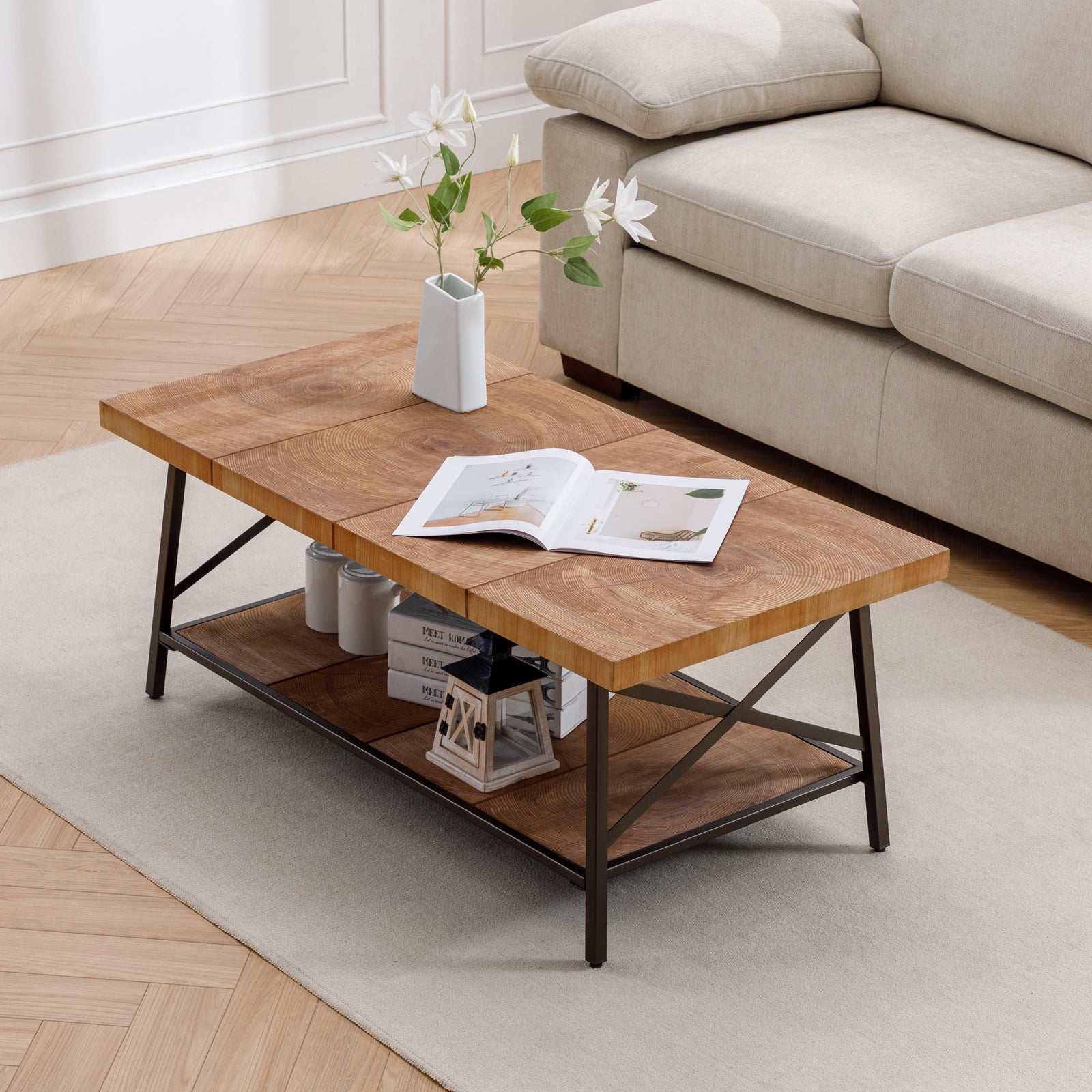 Rectangle Wood Coffee Tables in Metal Shame with Annual Rings