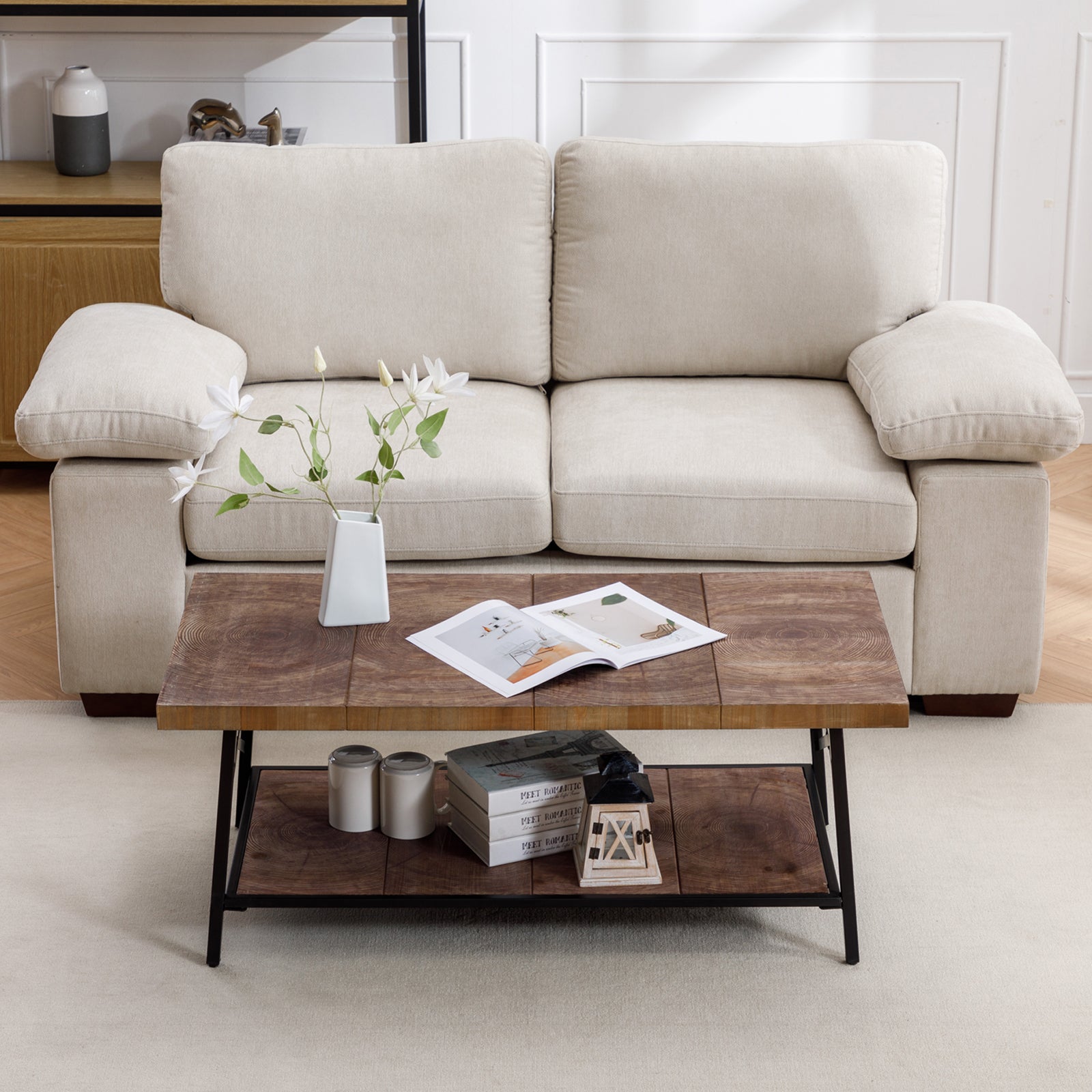 Rectangle Wood Coffee Tables in Metal Shame with Annual Rings